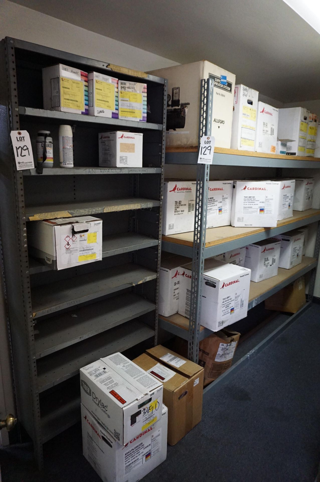 STEEL INVENTORY SHELVING WITH CONTENTS TO INCLUDE: MISC. CARDINAL POWDER COATINGS, VARIED COLORS, 50