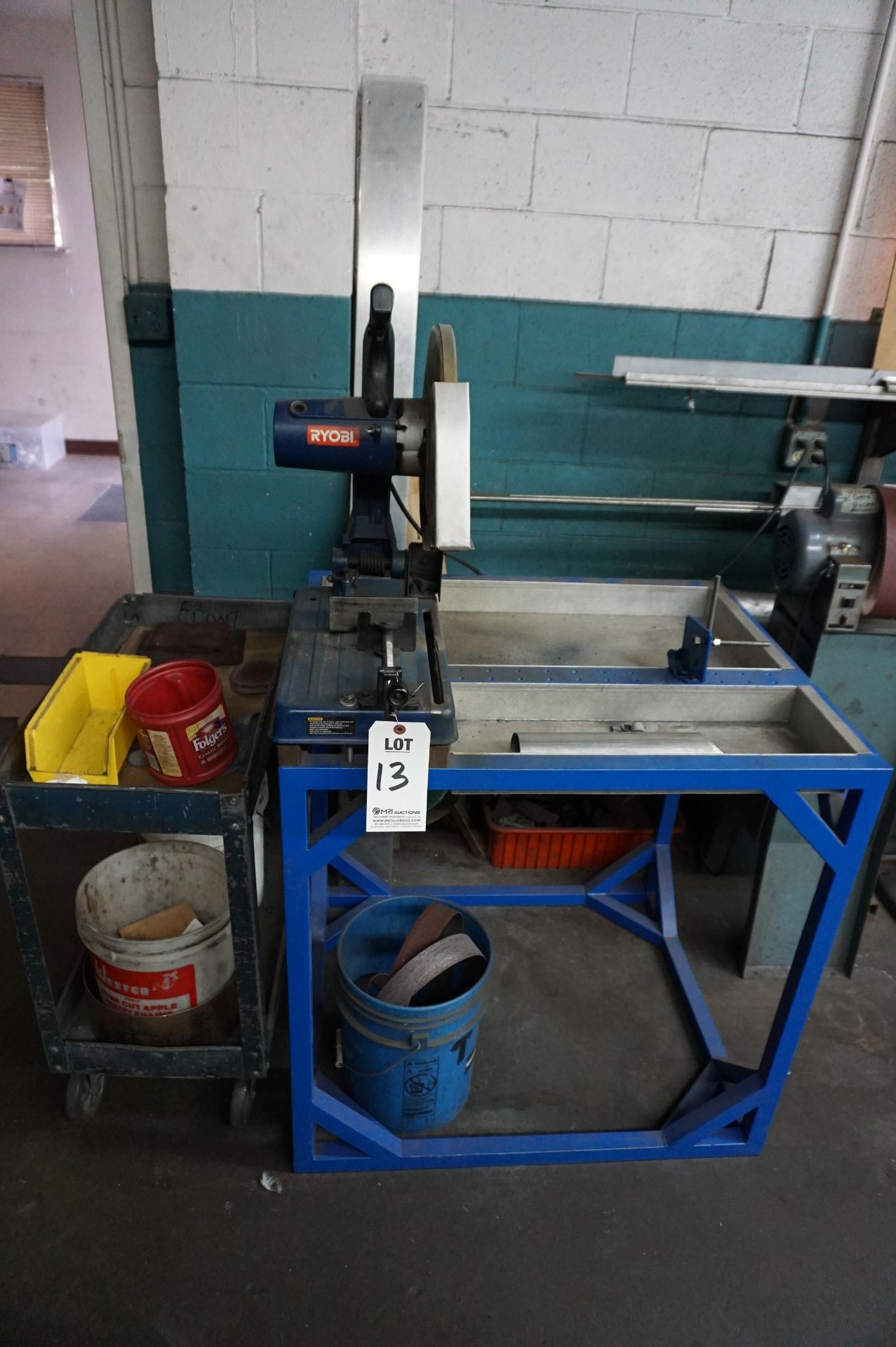 LOT TO INCLUDE: (1) RYOBI C358 14" ABRASIVE CHOP SAW, (1) TABLE WITH FIXTURE, (1) CART WITH MISC.