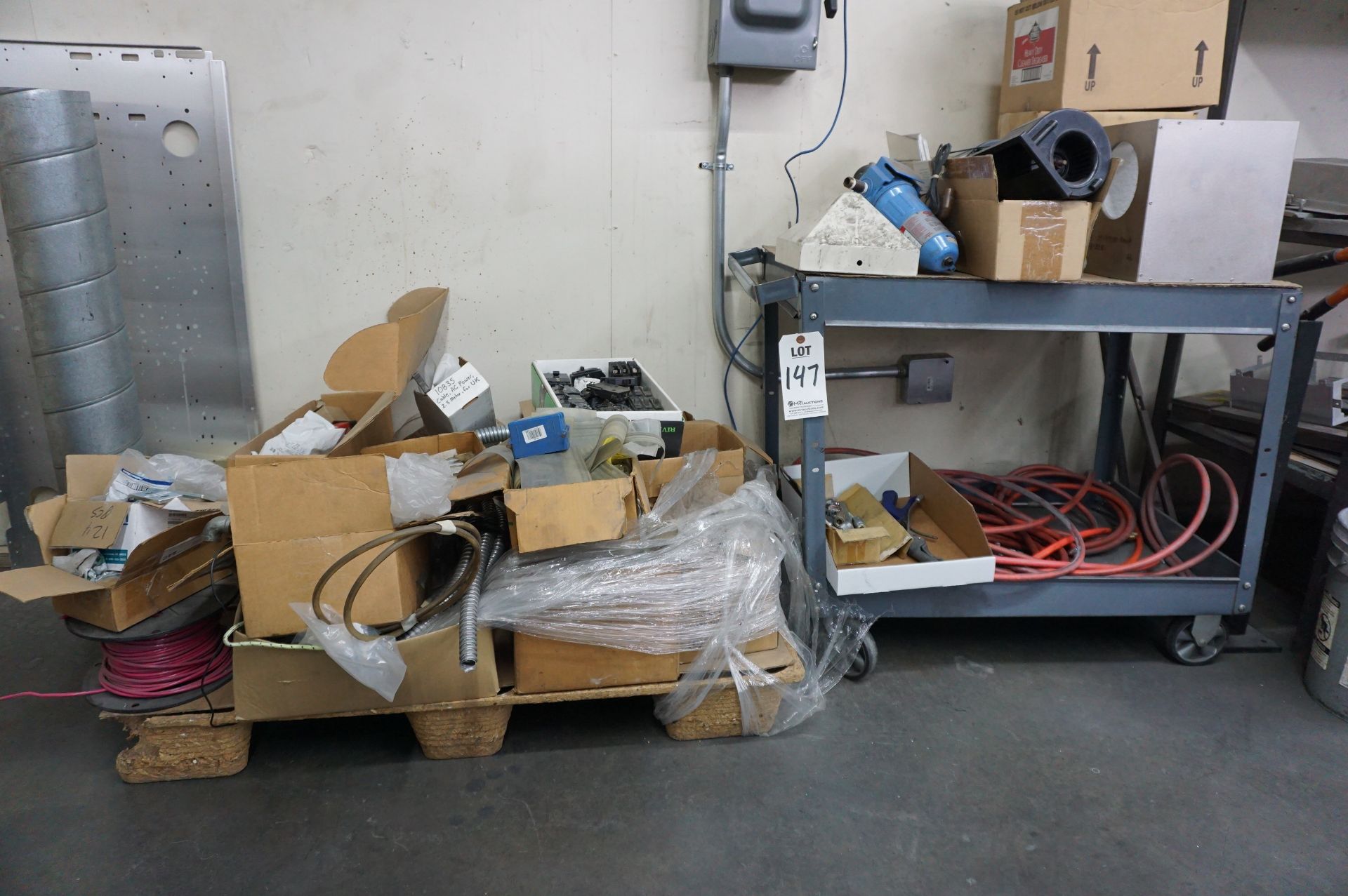 PALLET AND CART LOT WITH CONTENTS TO INCLUDE: MISC. ELECTRIC CONDUIT, CABLES, RELAYS, SWITCHES,
