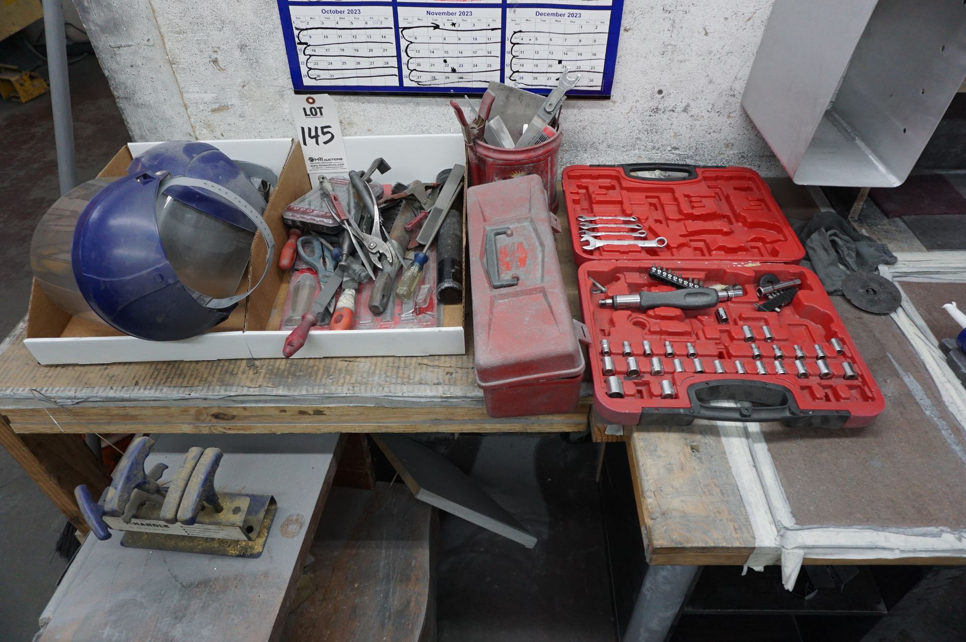 HAND TOOL LOT TO INCLUDE: MISC. FACE SHIELDS, SOCKETS, WRENCHES, PLIERS, FILES, ALAN KEYS