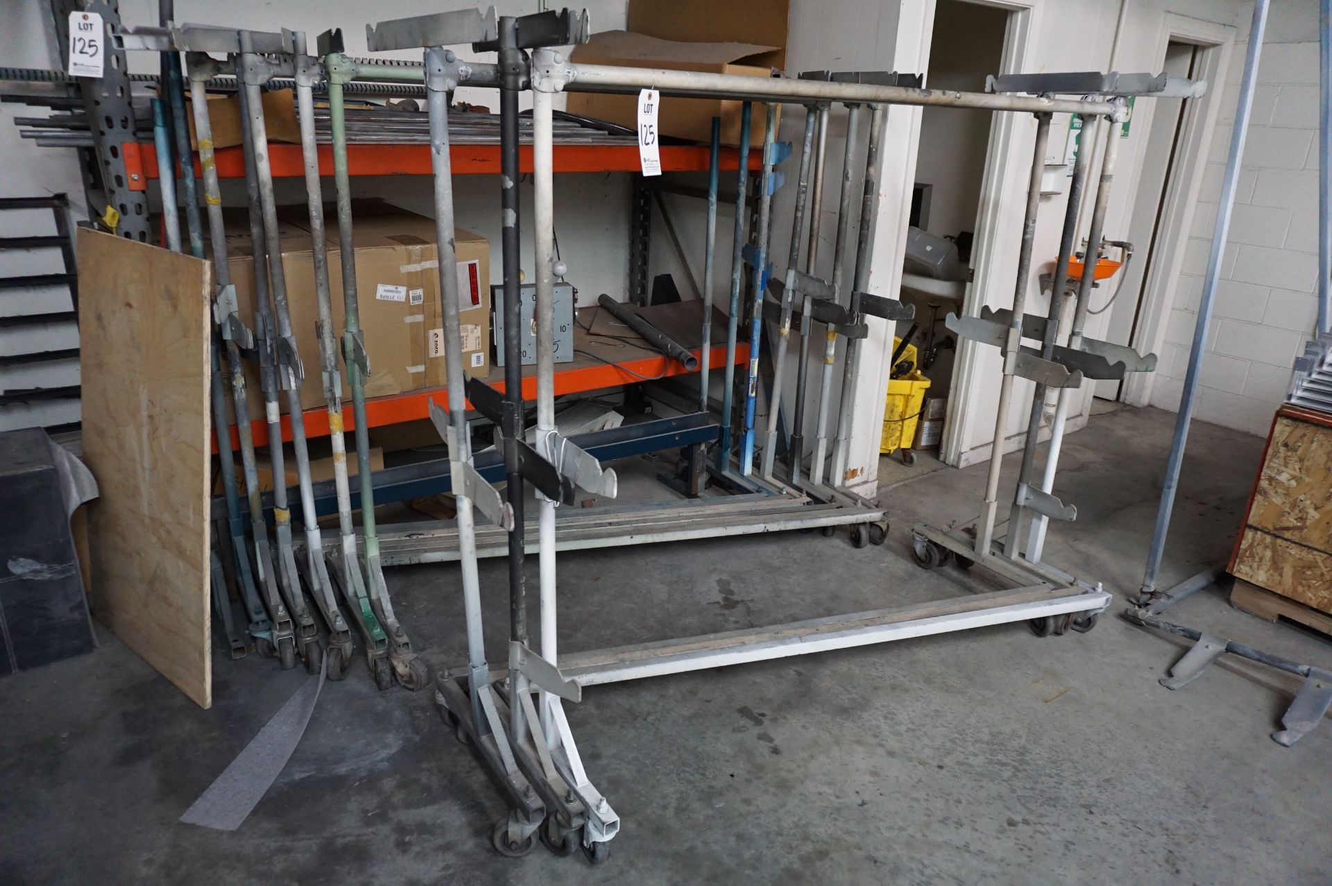 LOT TO INCLUDE: SPRAY BOOTH ROLLING STEEL SPRAY WORK HOLDING RACKS,LARGE OVEN RACK, PALLET RACKING - Image 2 of 8