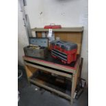 STEEL WORKSTATION BENCH WITH 1 DRAWER, DIMENSIONS 2' X 4' X 3' H(3) MISC. TOOL BOXES WITH CONTENTS