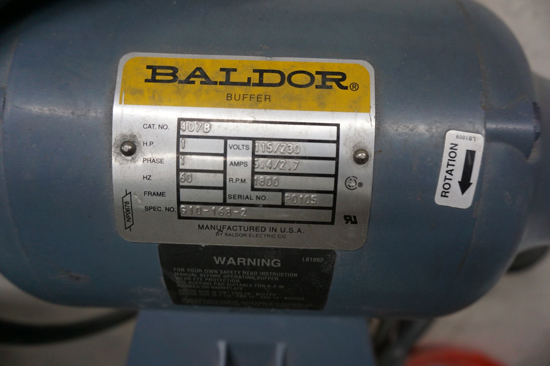 BALDOR PEDESTAL BUFFER MODEL 407B, 1 HP, 1 PHASE - Image 2 of 2