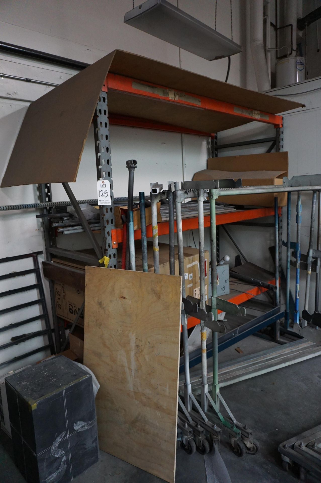 LOT TO INCLUDE: SPRAY BOOTH ROLLING STEEL SPRAY WORK HOLDING RACKS,LARGE OVEN RACK, PALLET RACKING - Image 3 of 8