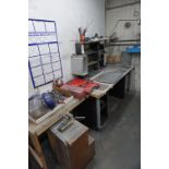 FURNITURE CONTENTS OF SANDING AND DEBURR ROOMTO INCLUDE: (2) WOODEN WORKBENCHES WITH MISC. CONTENTS,