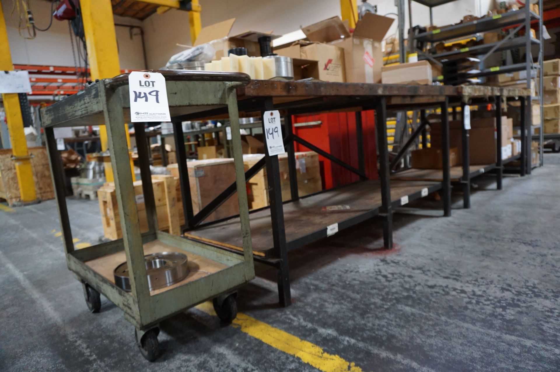 SUPPORT LOT NEAR SHIPPING: (1) STEEL ROLLING CART, (2) WOOD TOP STEEL WORKBENCHES 72" X 31" AREA, (