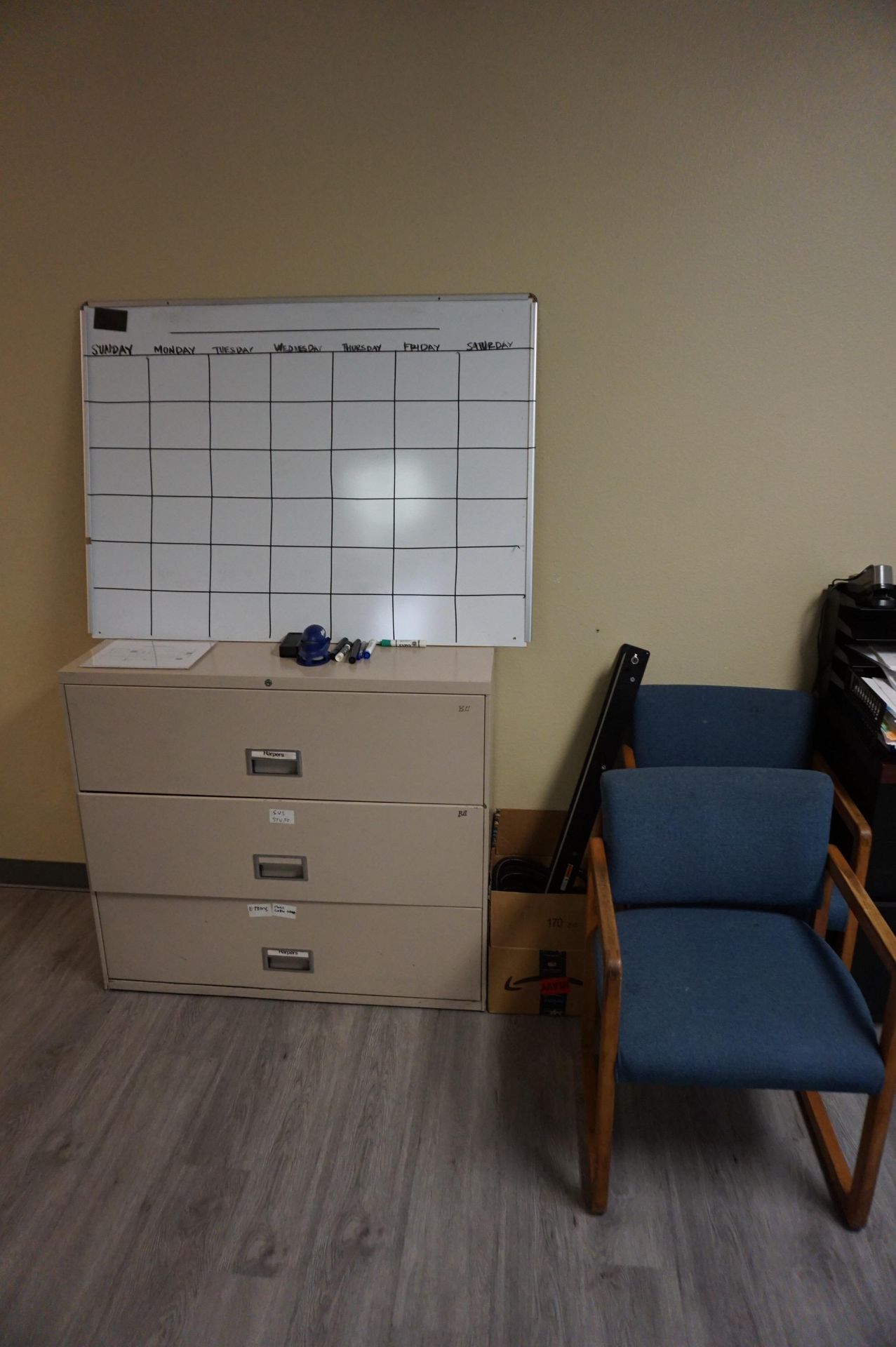 LOT TO INCLUDE: (2) WRAPAROUND OFFICE DESKS, 2 CHAIRS, FILE CABINET, WHIEBOARD *FURNITURE ONLY NO - Image 6 of 6