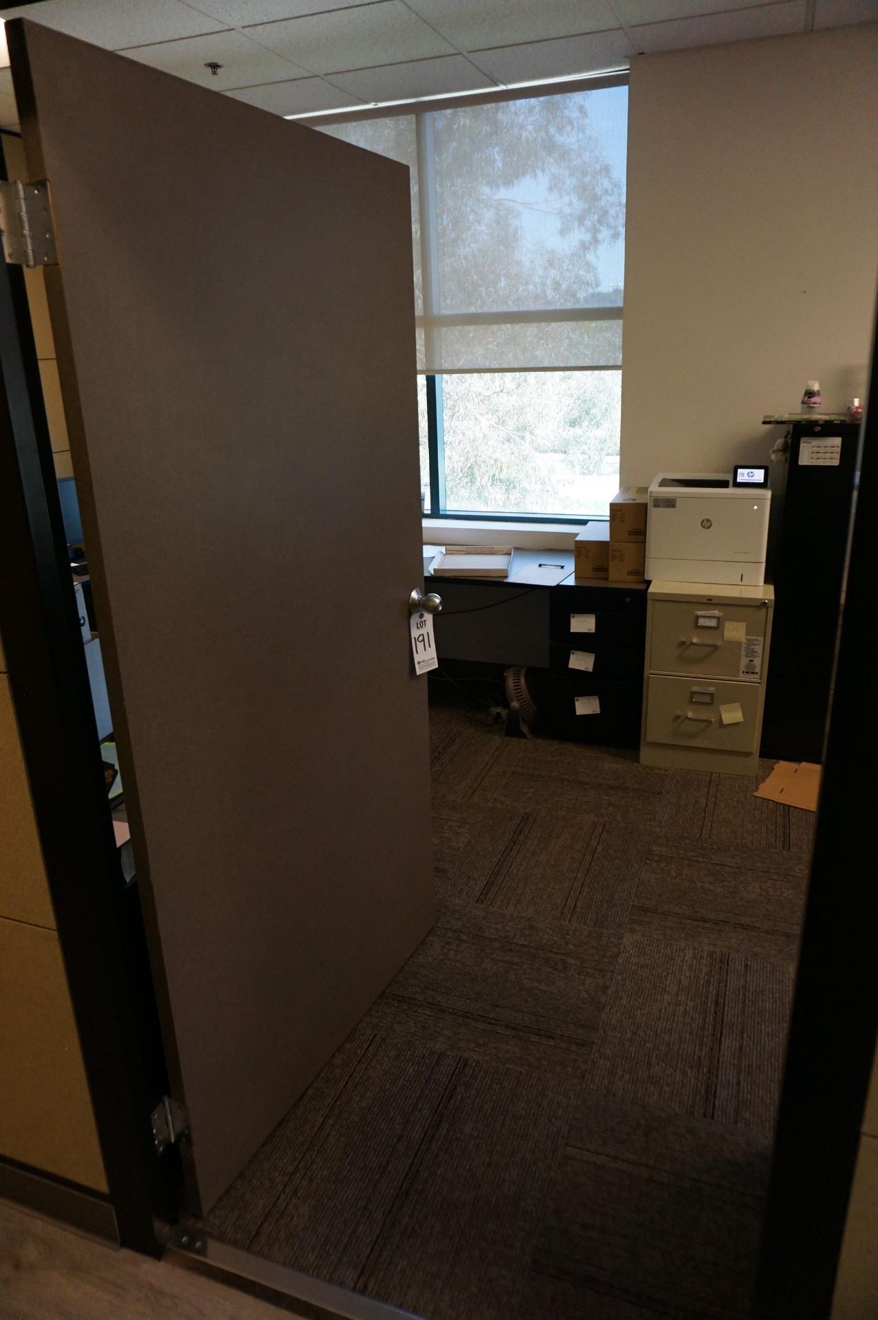 SECOND FLOOR OFFICE TO INCLUDE: (2) WRAPAROUND OFFICE DESKS WITH ATTACHED FILE CABINETS, (4)