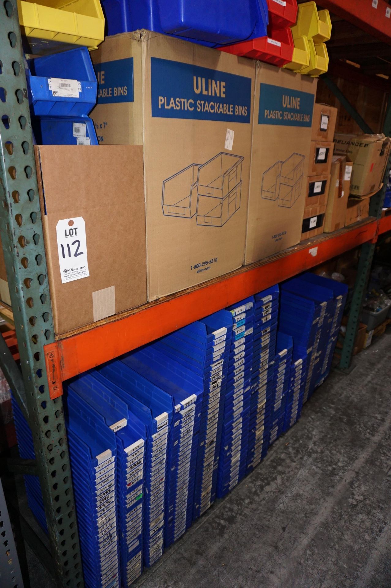 CONTENTS OF RACK TO INCLUDE: LARGE QUANTIY OF ULINE AND MISC. PLASTIC STACKABLE BINS FOR INVENTORY