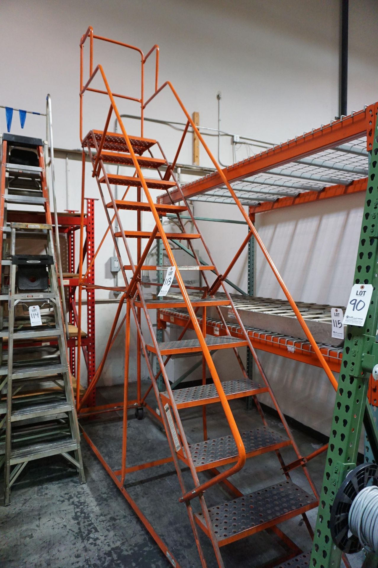 12' ROLLING INVENTORY LADDER WITH SUPPORT BARS, 12 STEP LADDER, OSHA CERTIFIED- *LATE PICK UP*