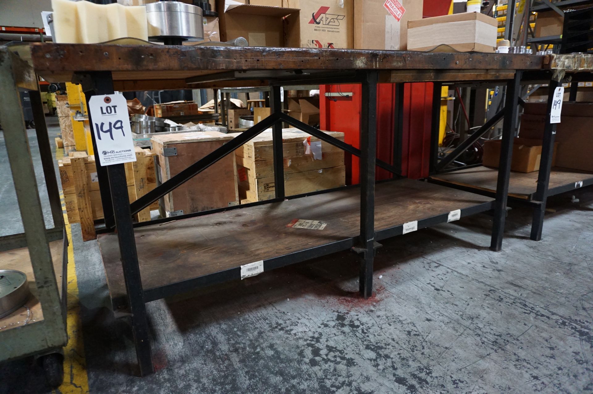 SUPPORT LOT NEAR SHIPPING: (1) STEEL ROLLING CART, (2) WOOD TOP STEEL WORKBENCHES 72" X 31" AREA, ( - Image 2 of 7