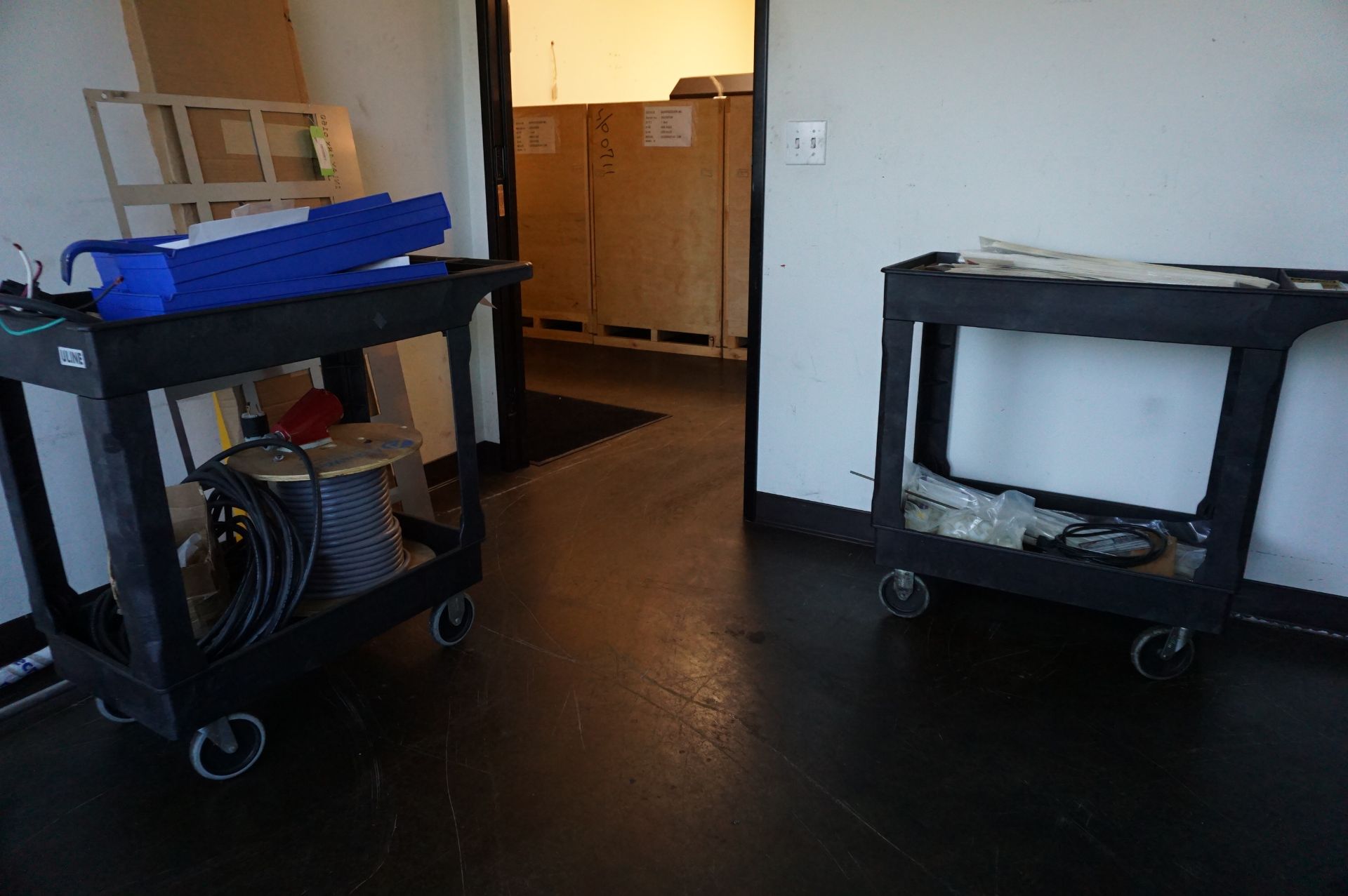 TABLE AND CARTS IN MAINTENANCE ROOM TO INCLUDE: (1) HEAVY DUTY WORK BENCH WOOD TOP STEEL LEGS, 72" X - Image 2 of 4