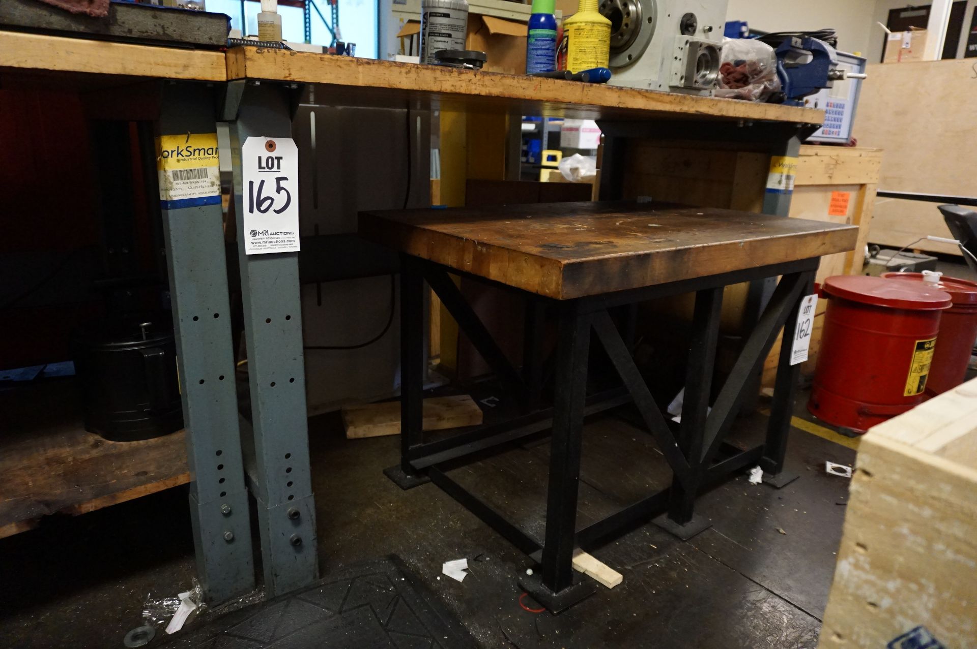 WOOD TOP WORK BENCH, DIMENSIONS 60" X 31" X 34", ADJUSTABLE HEIGHT *TABLE ONLY NO CONTENTS*