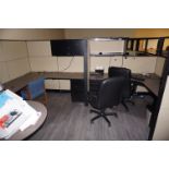 LOT TO INCLUDE: (2) WRAPAROUND OFFICE DESKS, 2 CHAIRS, FILE CABINET, WHIEBOARD *FURNITURE ONLY NO