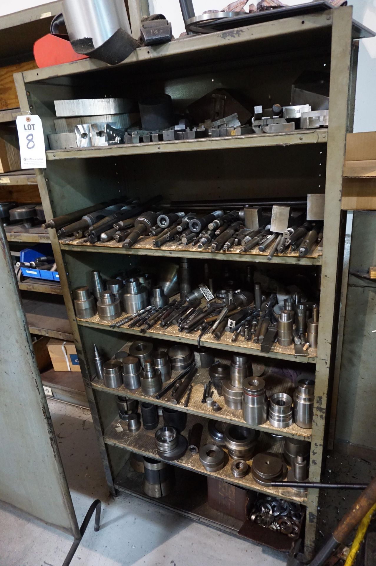 STEEL SHELF WITH LATHE TOOLING AND CONENTS TO INCLUDE BUT NOT LIMITED TO: STOCK TOOLING, DRILLS,
