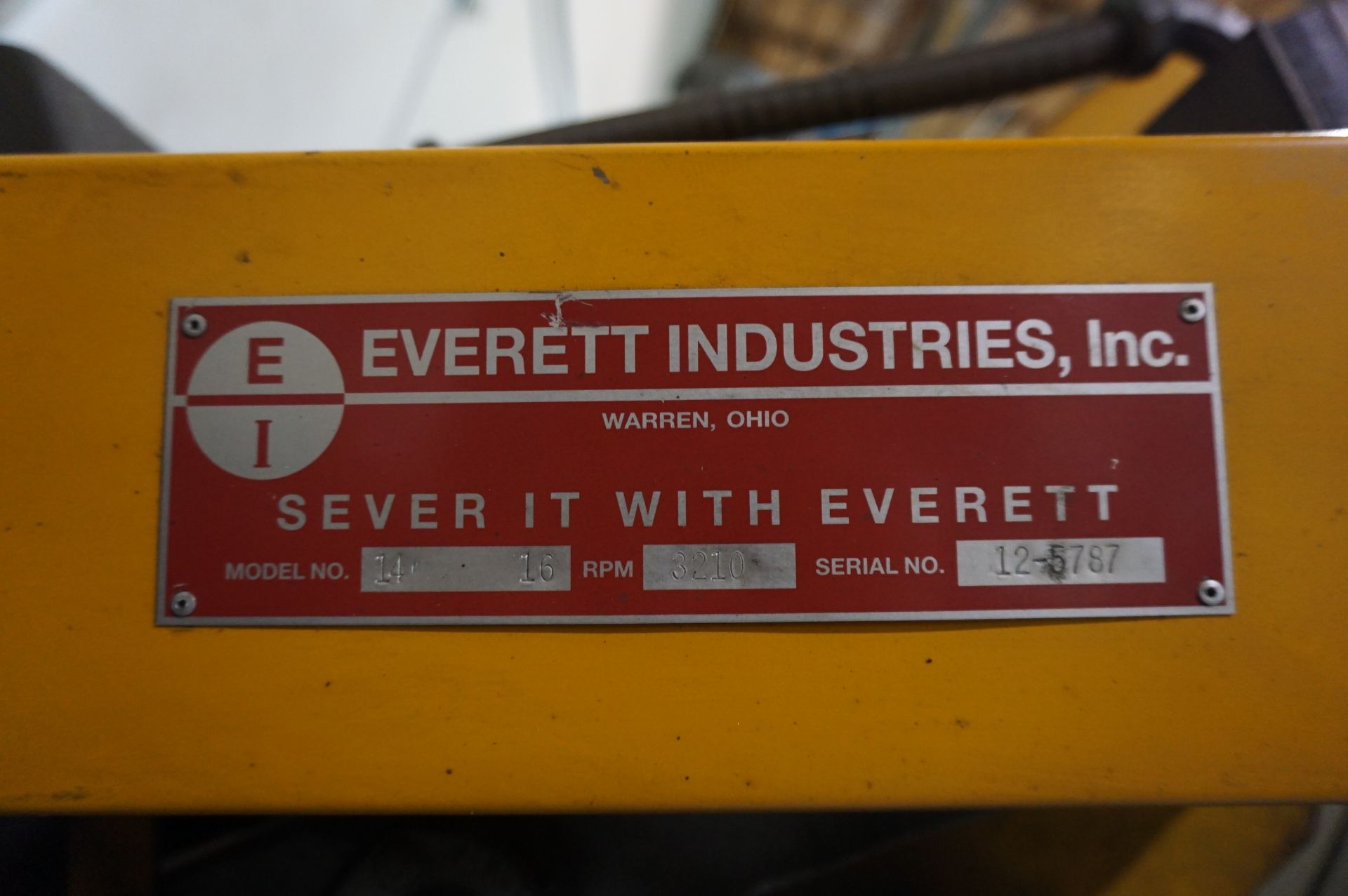 EVERETT INDUSTRIES ABRASIVE CHOP SAW 14", MODEL 14 16, 3210 RPM, S/N 12-5787 - Image 3 of 3