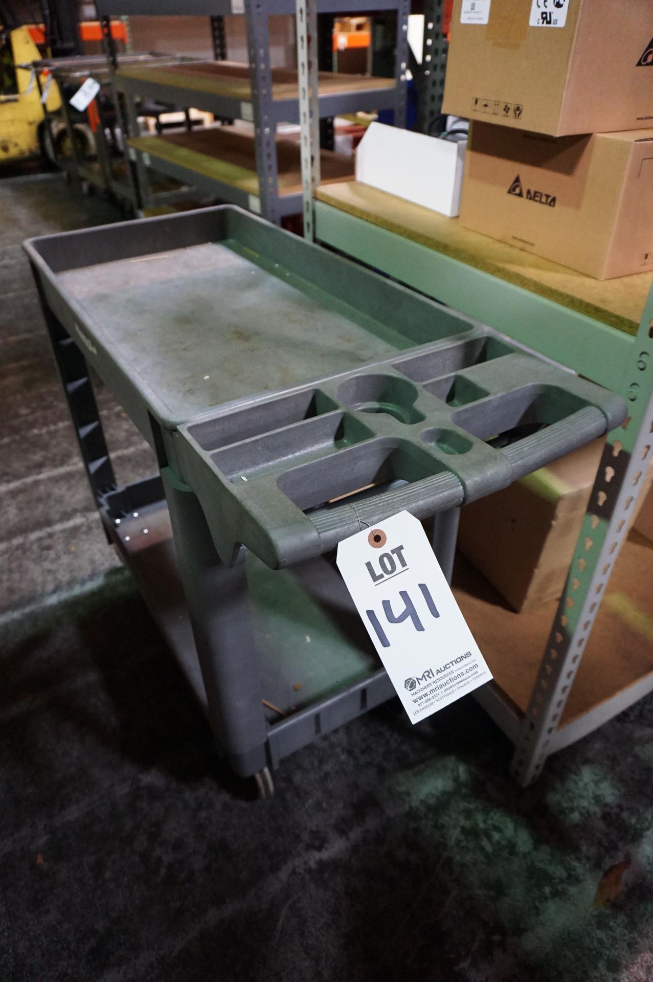 LOT TO INCLUDE: (1) FIBREGLASS INVENTORY CART, (1) LOW STEEL SHOP CART