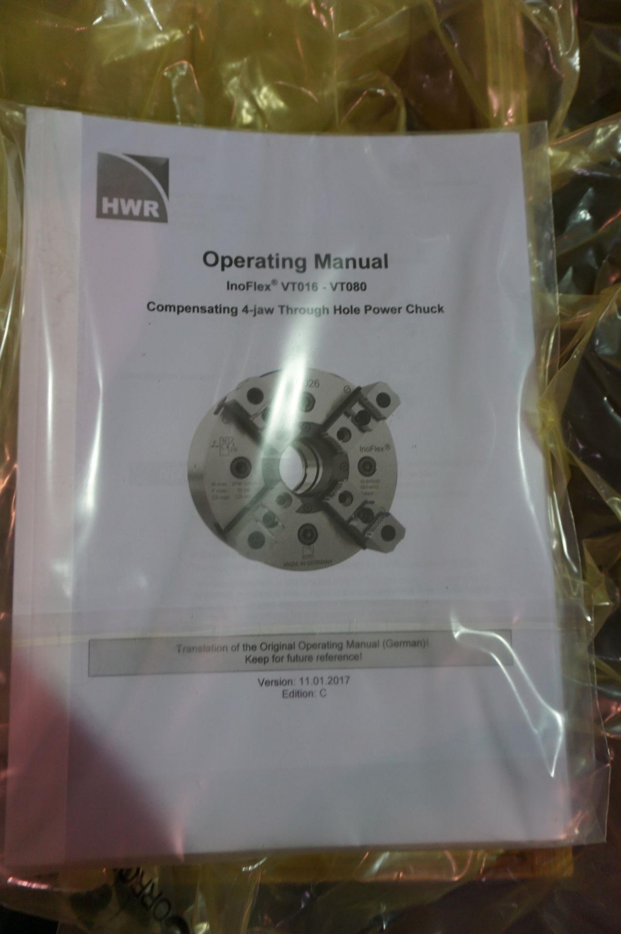IN ORGINAL CRATE: HWR INOFLEX VT040 15"COMPENSATING 4 JAW THROUGH HOLE POWER CHUCK - Image 3 of 5