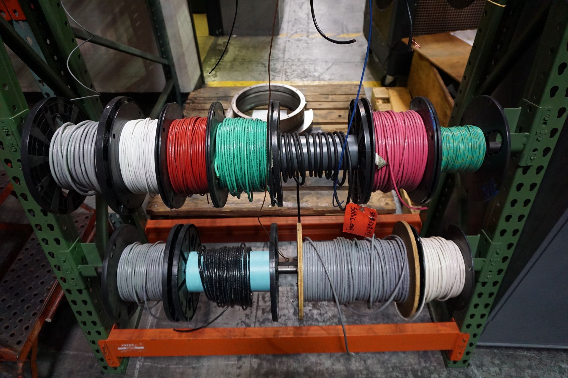 ADJUSTABLE STEEL RACK FOR WIRE SPOOLS WITH CONTENTS TO INCLUDE: SPOOLS OF WIRE, VARIED SIZES - Image 2 of 2