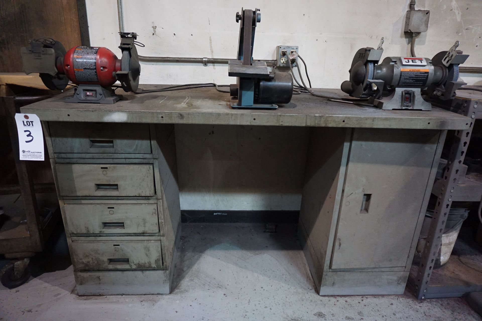 STEEL WORK BENCH WITH CONTENTS TO INCLUDE: (1) SKIL 6" BENCH GRINDER MODEL 3380, (1) 2018 ENCO 1"