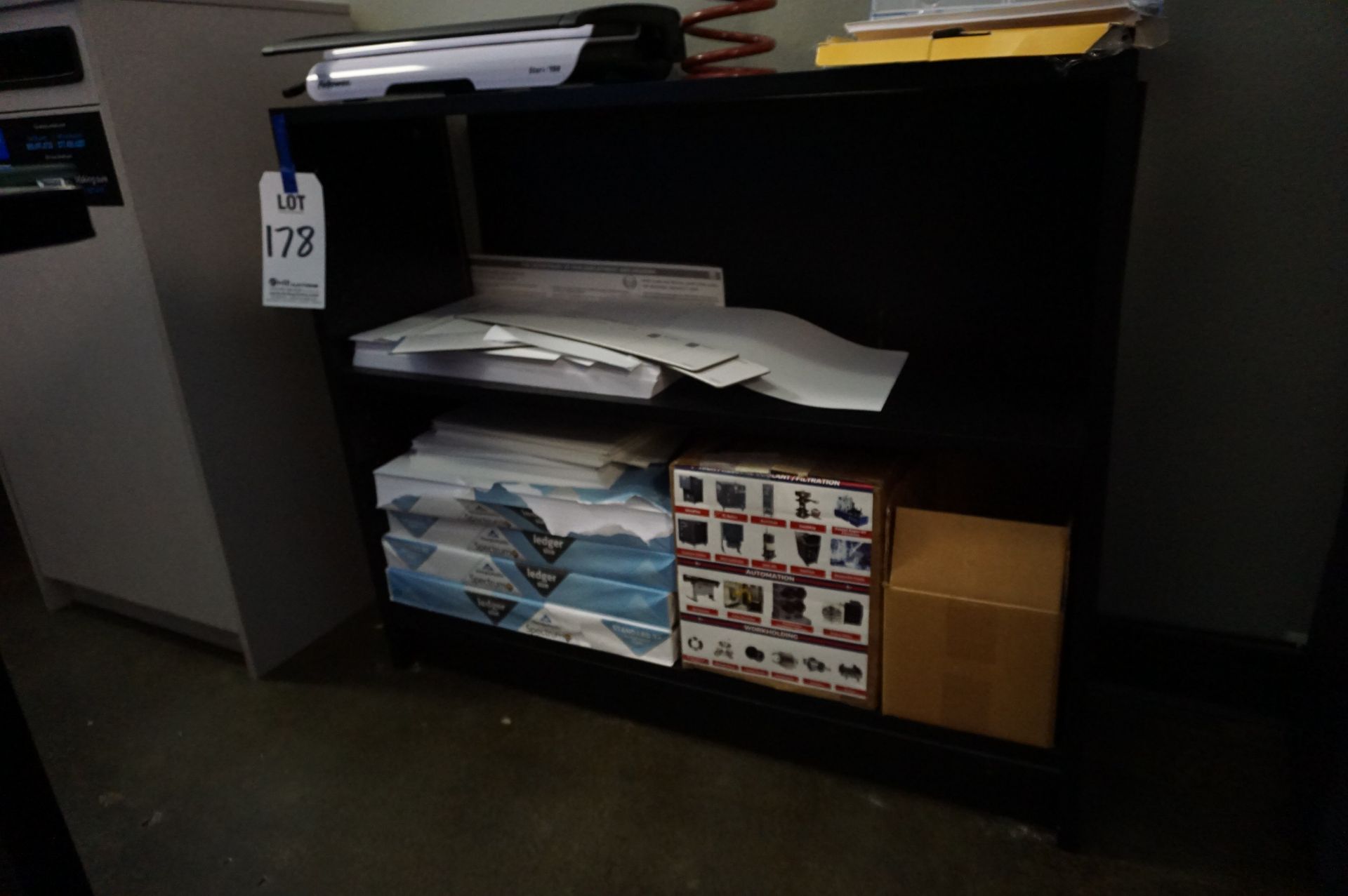 FIRST FLOOR BOOKKEEPING STATION TO INCLUDE: STEEL LEG GLASS TOP OFFICE DESK WITH COMPUTER MONITOR - Image 5 of 7