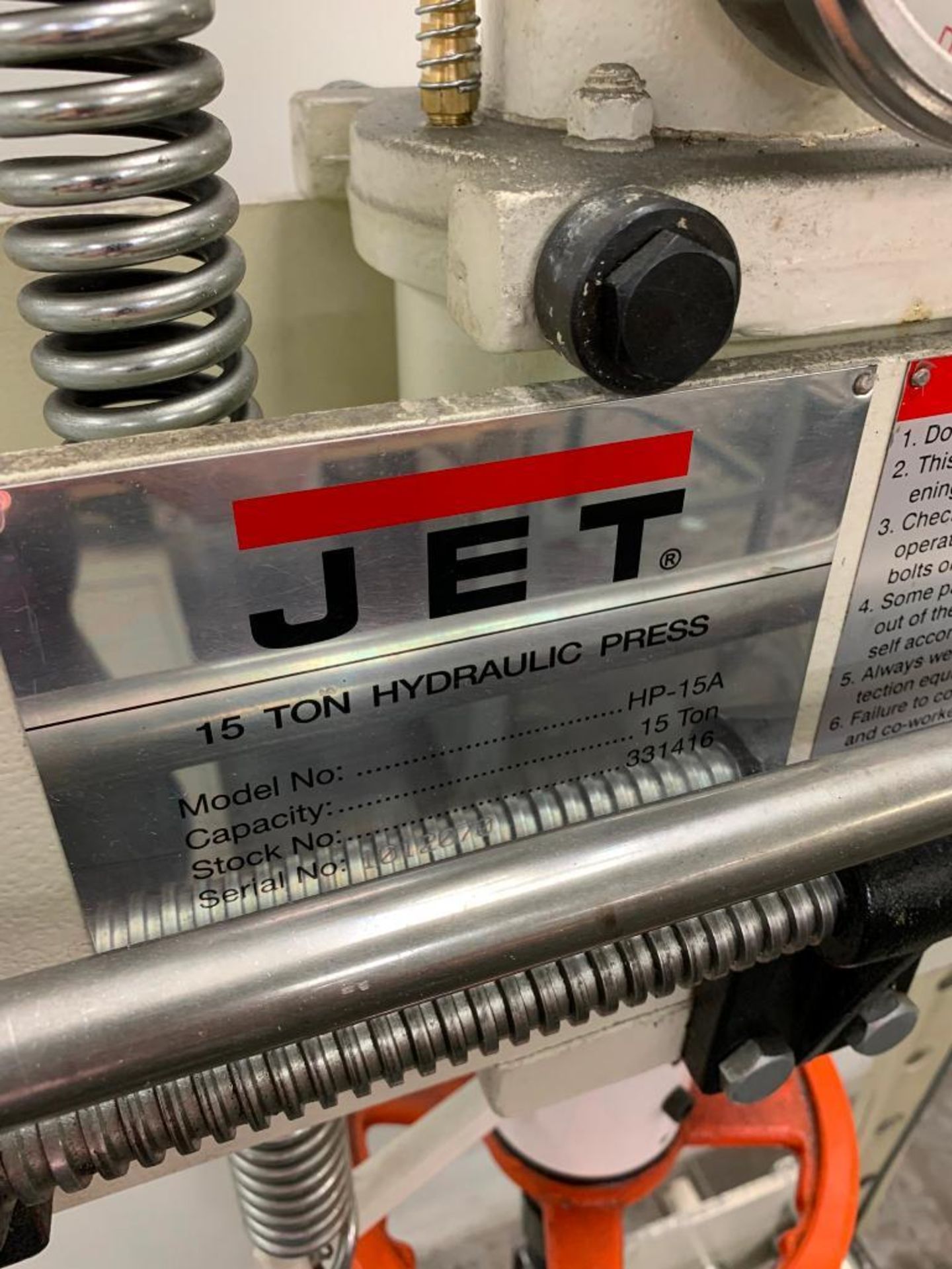 Jet 15-Ton Hydraulic H-Frame Press, Model HP-15A, No. 331416 - Image 3 of 3