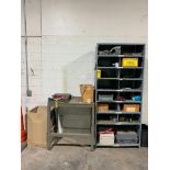 Shelf Unit, Table, Akro Bins, Filter, Mobil Grease, 4-Jaw Chuck, R-8 Collets