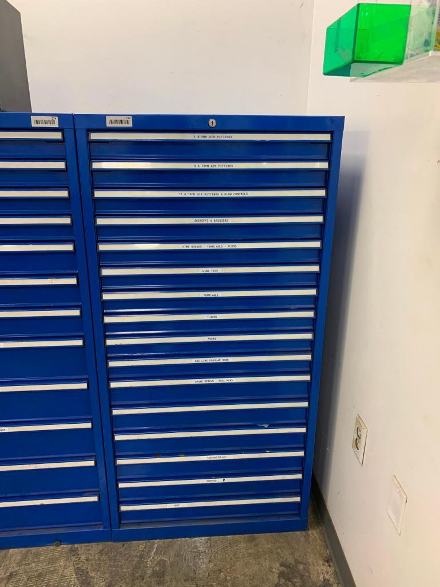 Fastenal 16-Drawer Cabinet w/ Content: Air Fittings, Reducers, Terminals, T-Nuts, Fuses, Loc Line, S