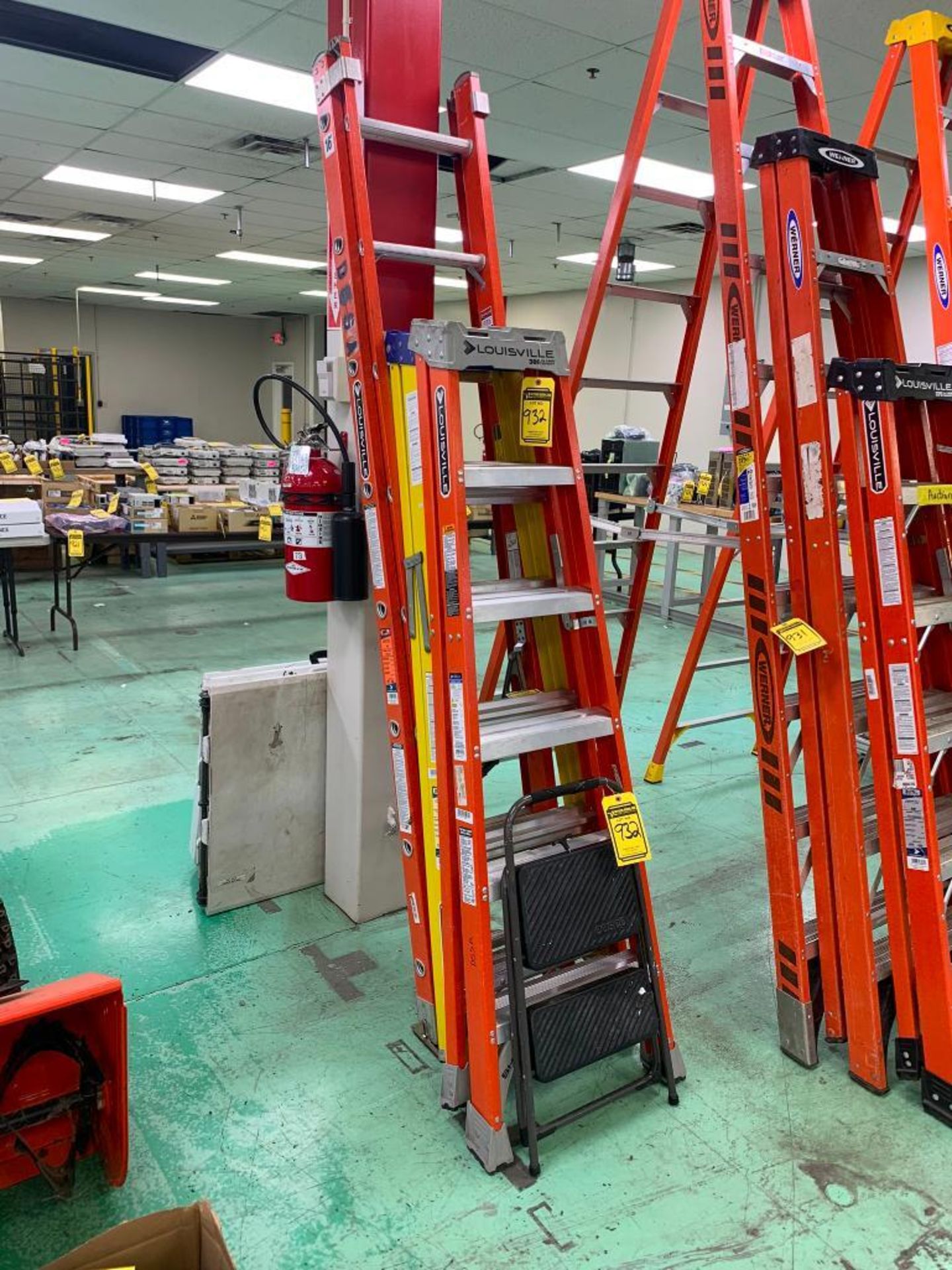 Assorted Ladders; 16' Extension Ladder, 6' Fiberglass Step Ladders, & Cosco Step Stool