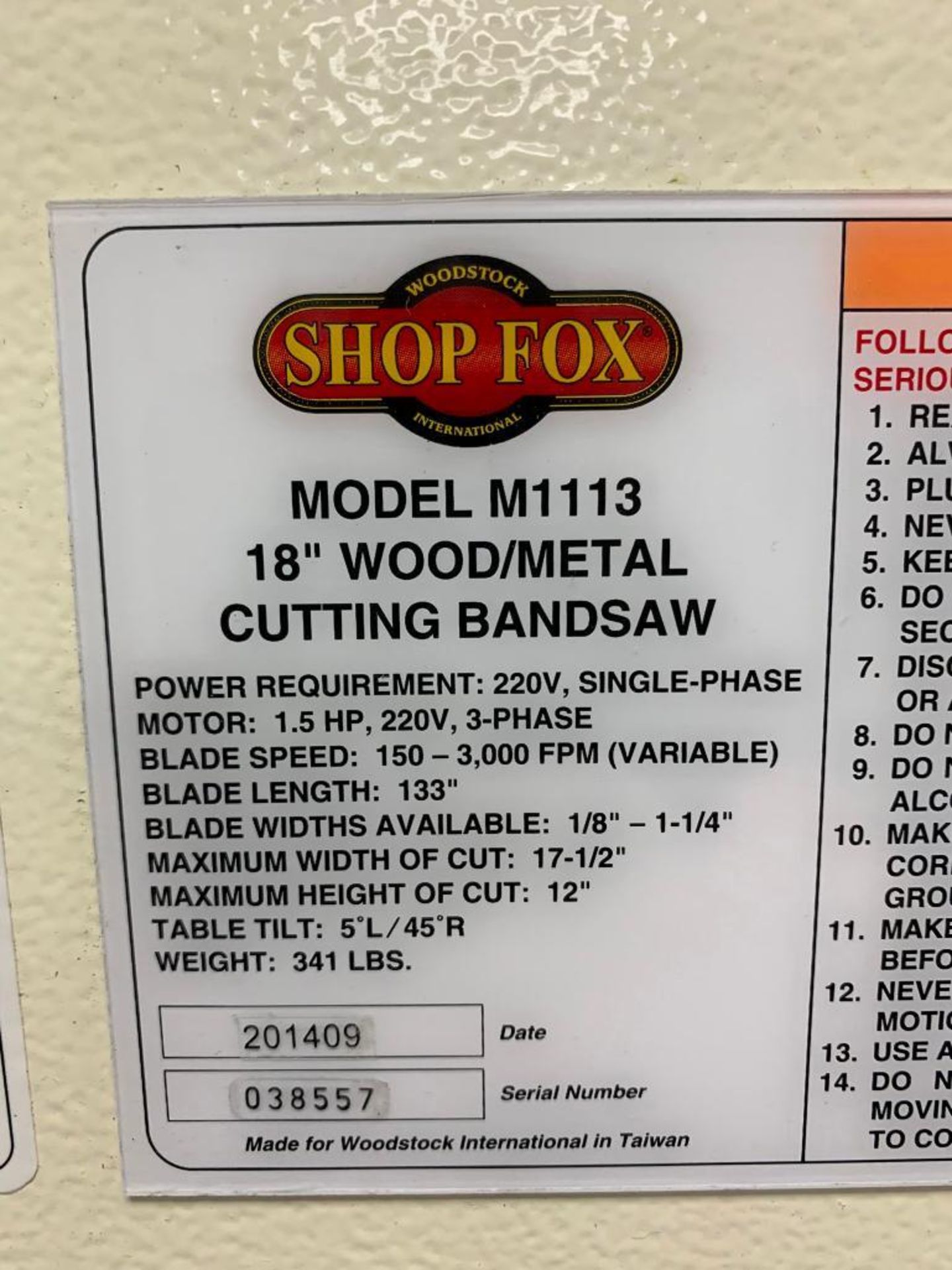 2014 Shop Fox 18" Vertical Band Saw, Model M1113, Band Welder, 220 V, Single Phase, Max. Ht. 12", Ma - Image 5 of 5