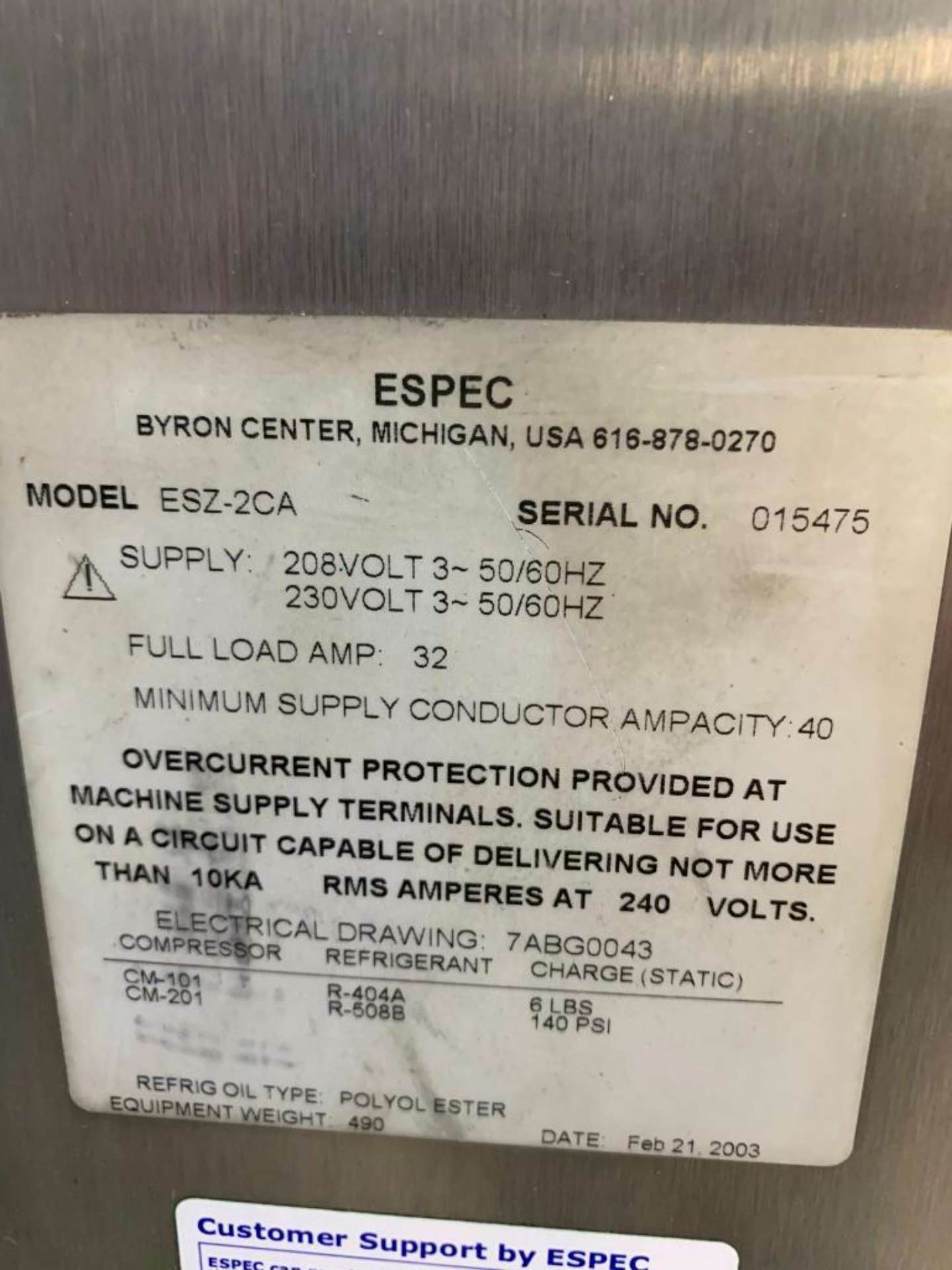 Espec Ultra Cold Temperature Chamber, Model ESZ-2CA, S/N 015475