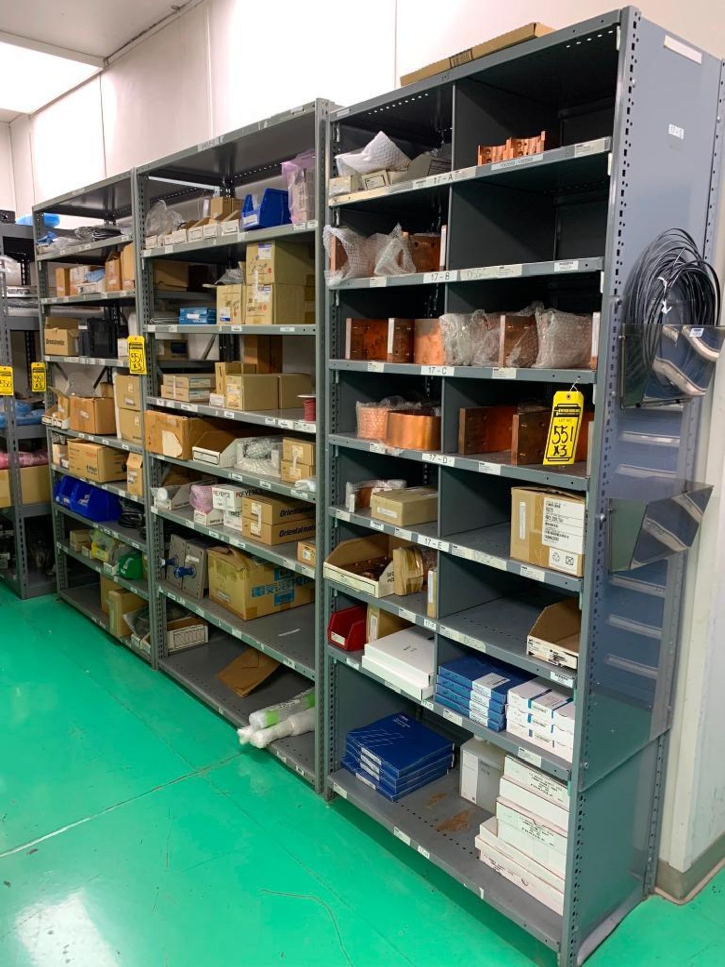 (3x) Bays of Penco Shelving w/ Content: Hand Valves, Cylinders, Fans, Solenoid Valves, Copper Bands,