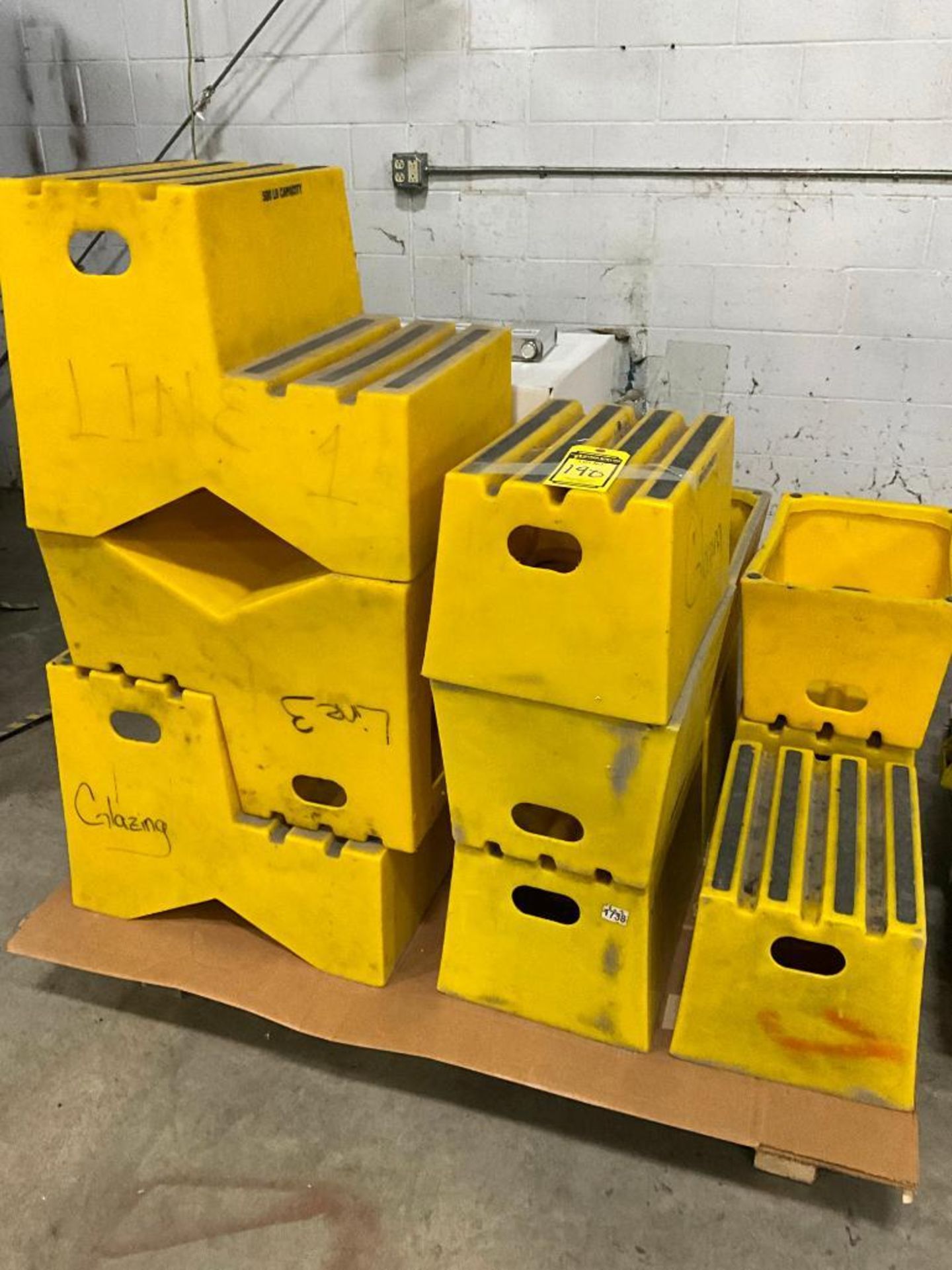 (3) Pallets w/ Yellow Step Stools, Yellow Step Stairs, Large Blue Parts Bins, Small Blue Parts Bins, - Image 3 of 26