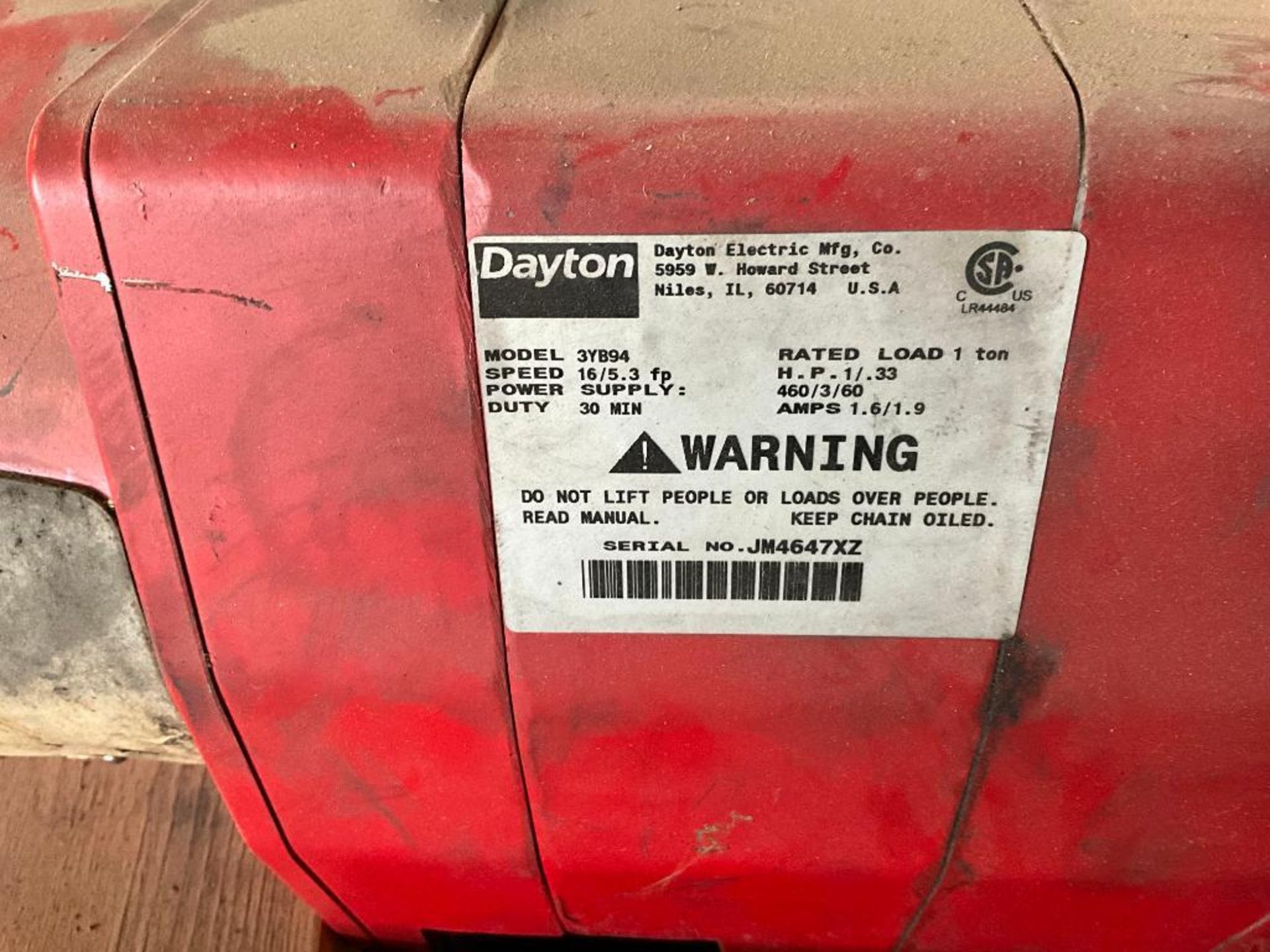 Dayton 1-Ton Hoist, Model 3TB94, Power Supply, 460/3/60, Harrington 1-Ton Hoist, Lot No. ER1A 79SY37 - Image 14 of 21