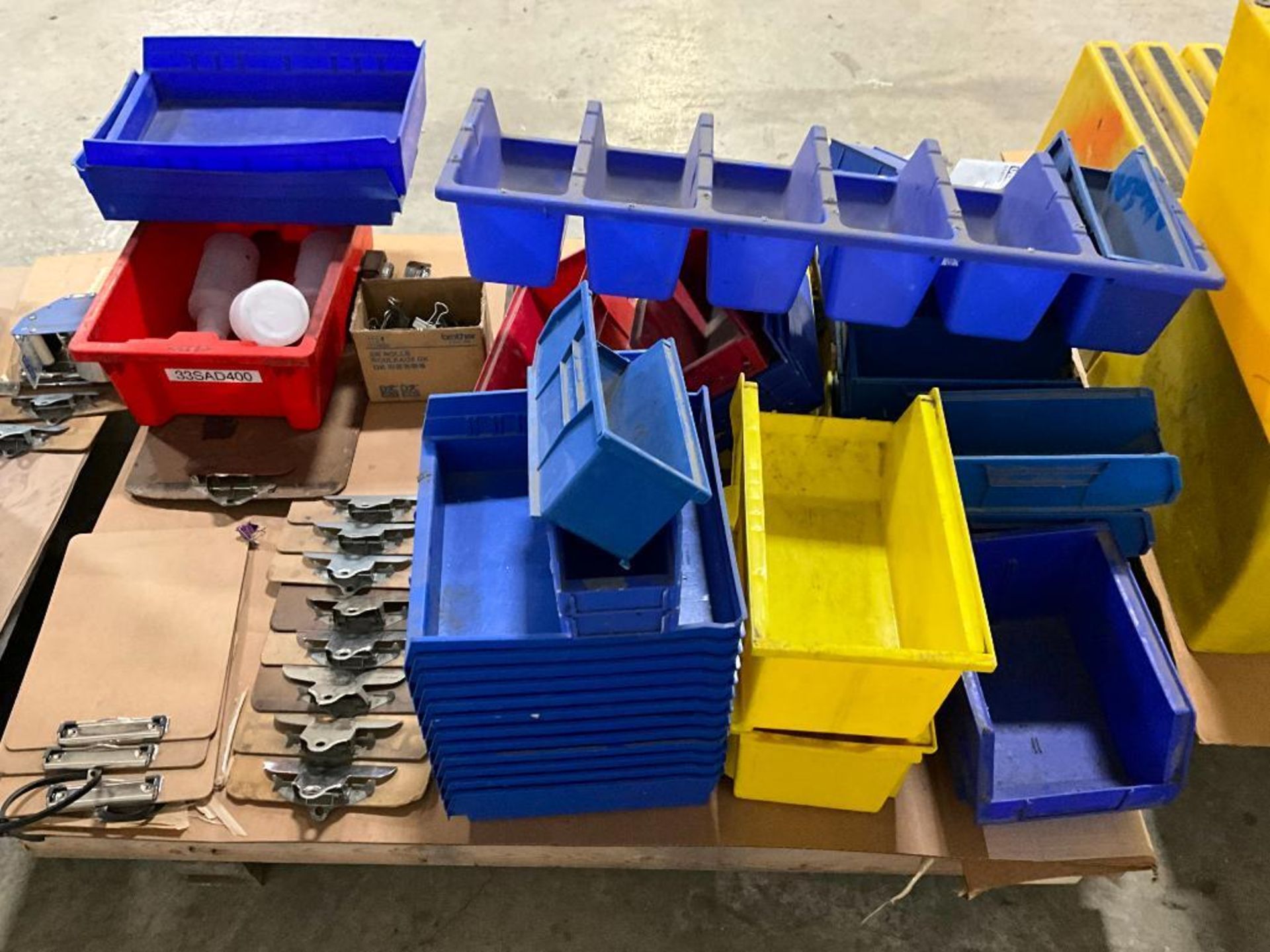 (3) Pallets w/ Yellow Step Stools, Yellow Step Stairs, Large Blue Parts Bins, Small Blue Parts Bins, - Image 10 of 26