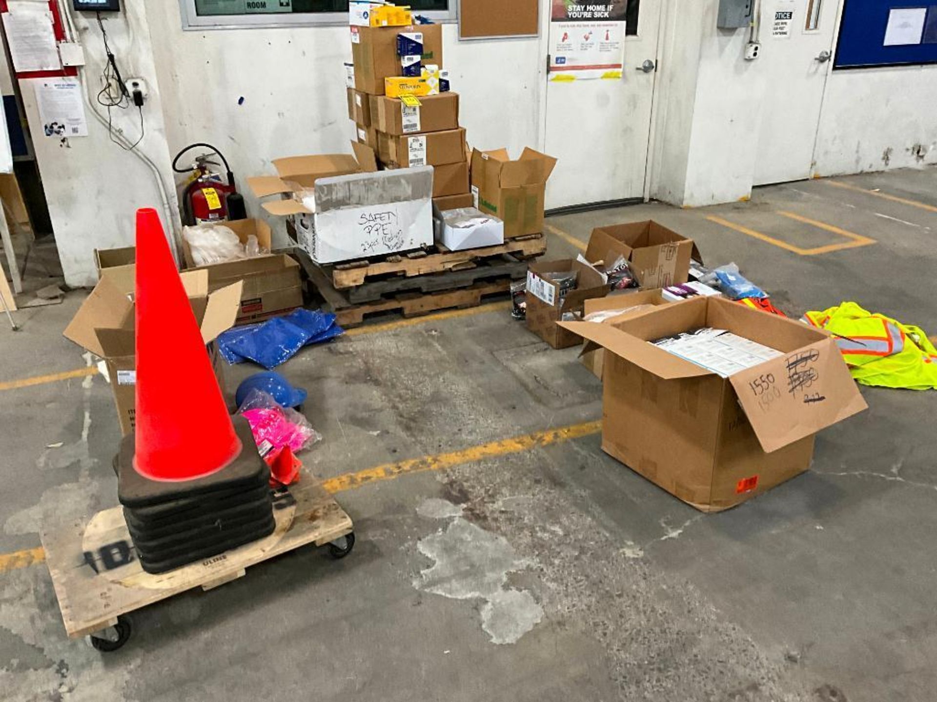 Safety Equipment, First Aid Supplies, Orange Cones, Red Plastic Stanchions, Some Chain, Hard Hats, S