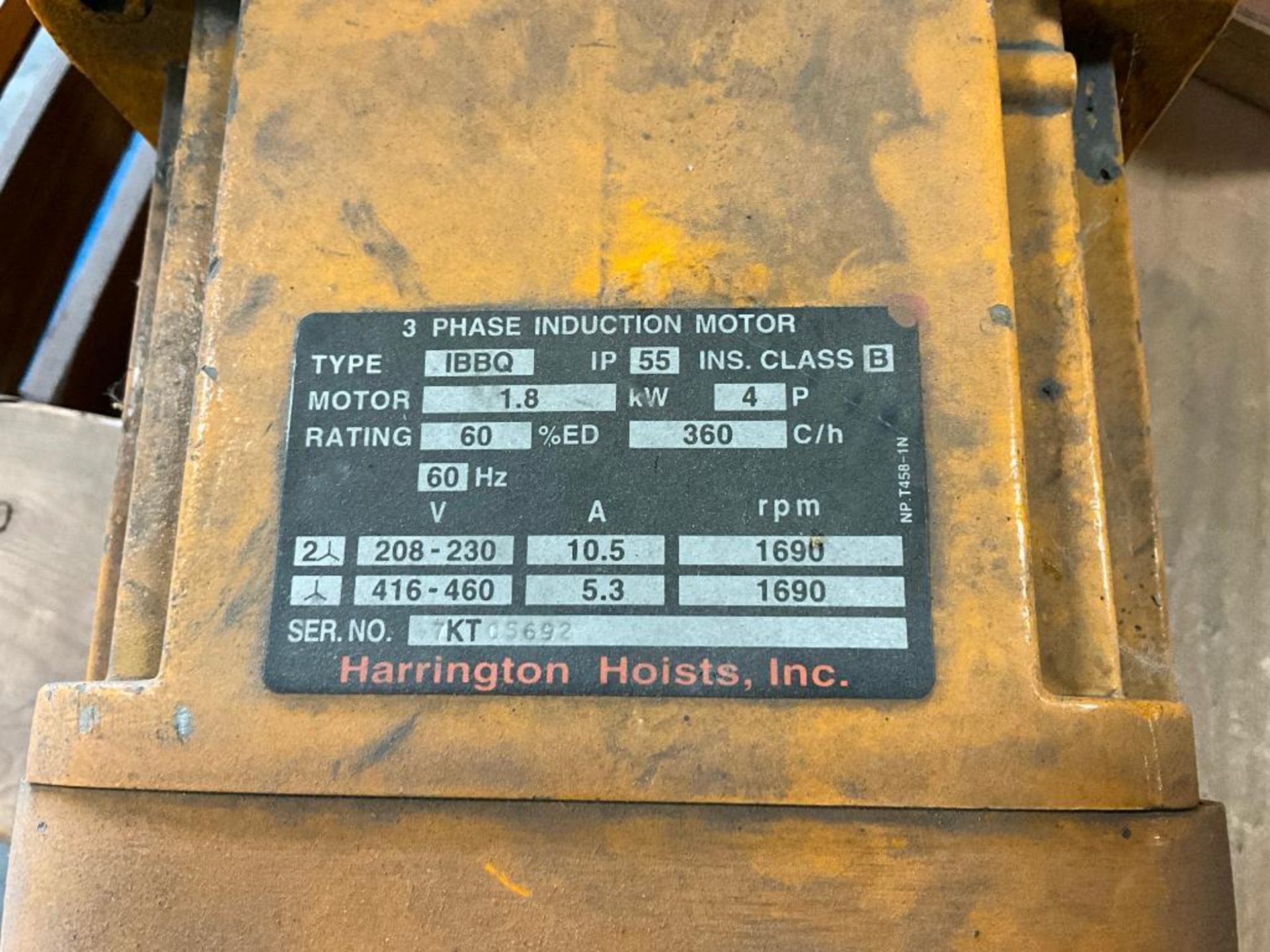 Dayton 1-Ton Hoist, Model 3TB94, Power Supply, 460/3/60, Harrington 1-Ton Hoist, Lot No. ER1A 79SY37 - Image 7 of 21