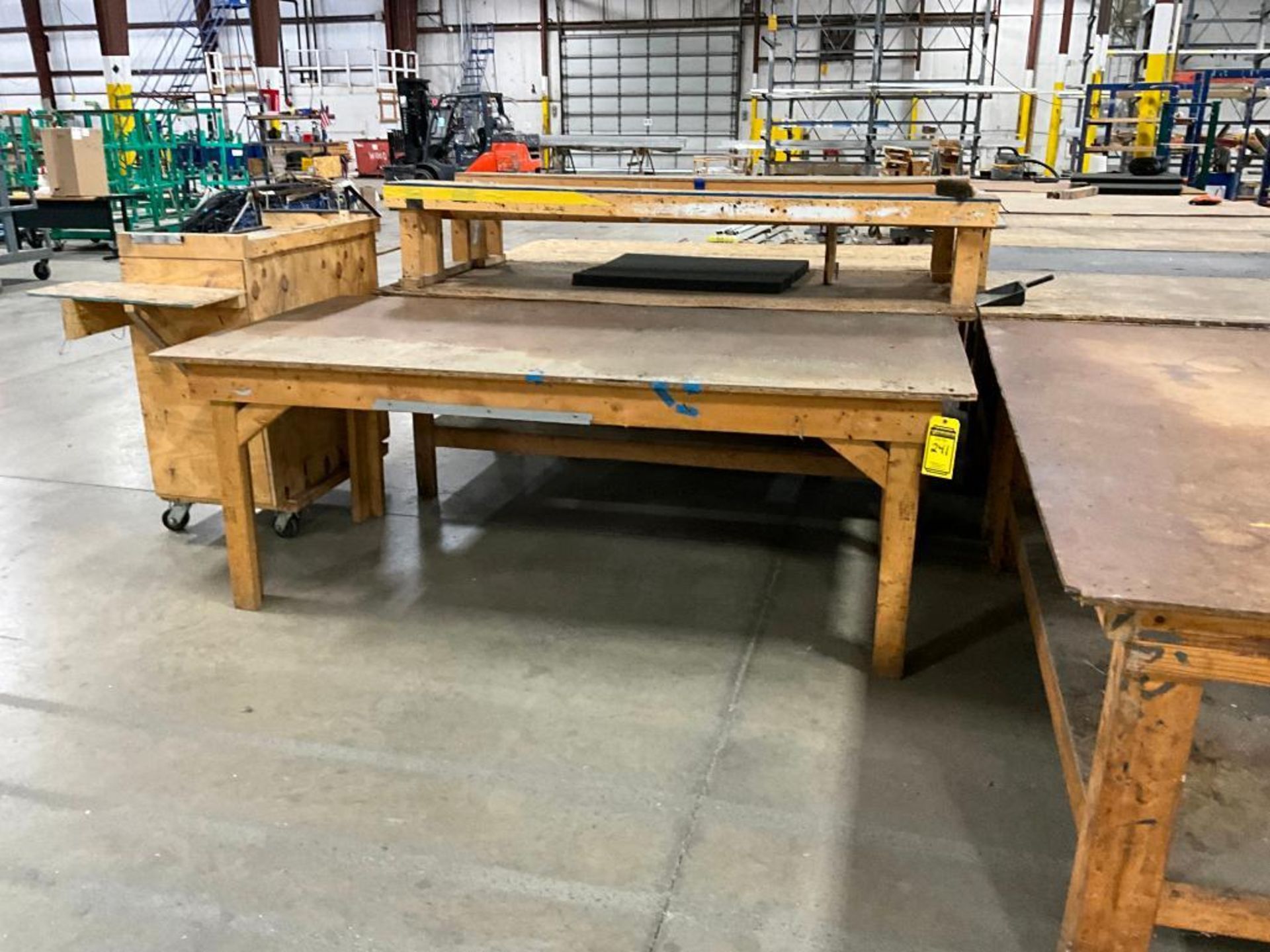 (15) Wood Benches, (14) 3' H x 8' W x 4' D, (1) 3' H x 4' W x 3' D, (1) Wood Desk on Casters, 48" H - Image 3 of 12