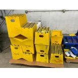 (3) Pallets w/ Yellow Step Stools, Yellow Step Stairs, Large Blue Parts Bins, Small Blue Parts Bins,