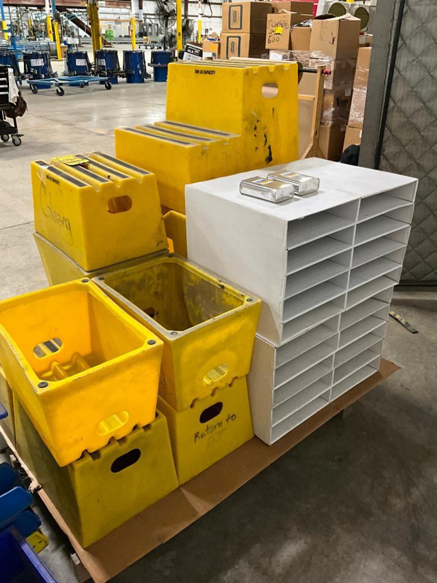 (3) Pallets w/ Yellow Step Stools, Yellow Step Stairs, Large Blue Parts Bins, Small Blue Parts Bins, - Image 4 of 26