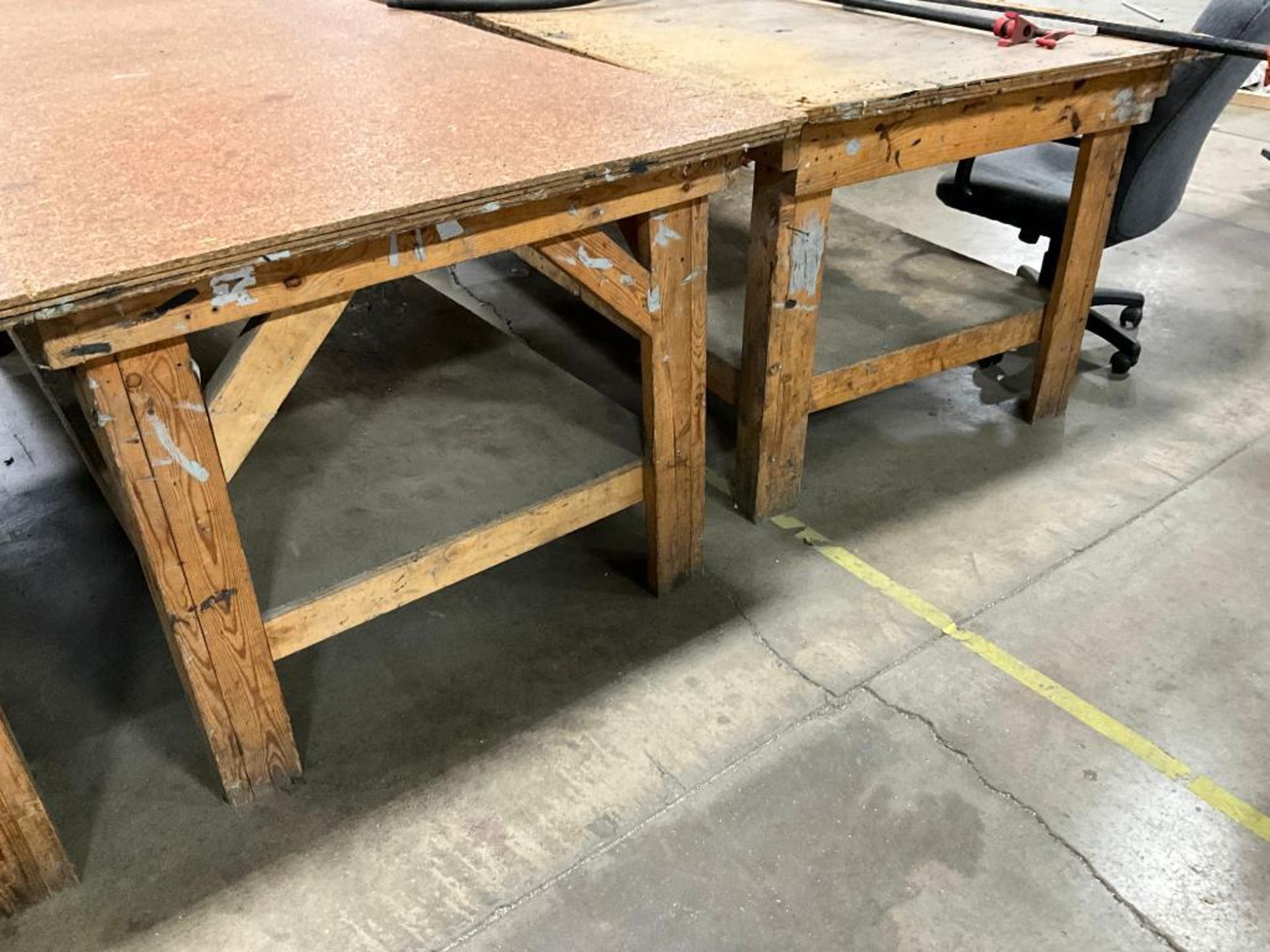 (15) Wood Benches, (14) 3' H x 8' W x 4' D, (1) 3' H x 4' W x 3' D, (1) Wood Desk on Casters, 48" H - Image 7 of 12