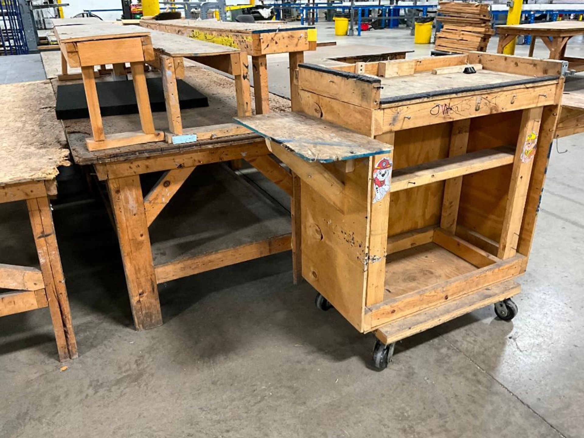 (15) Wood Benches, (14) 3' H x 8' W x 4' D, (1) 3' H x 4' W x 3' D, (1) Wood Desk on Casters, 48" H - Image 10 of 12