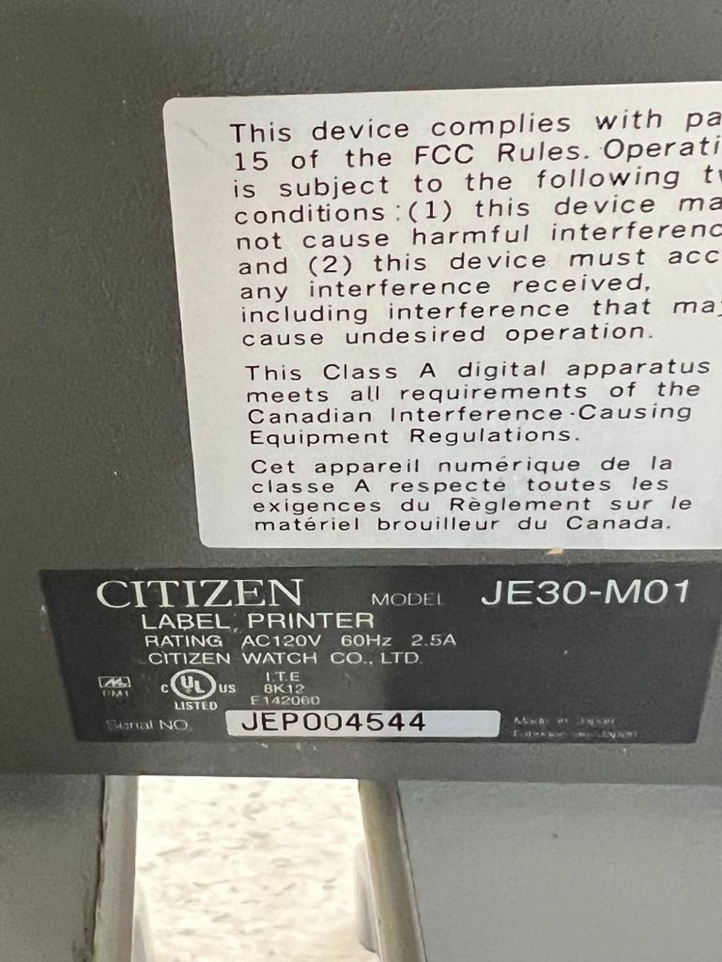 Citizen Label Printer, Model JE30-M01, S/N JEP004544 - Image 3 of 3