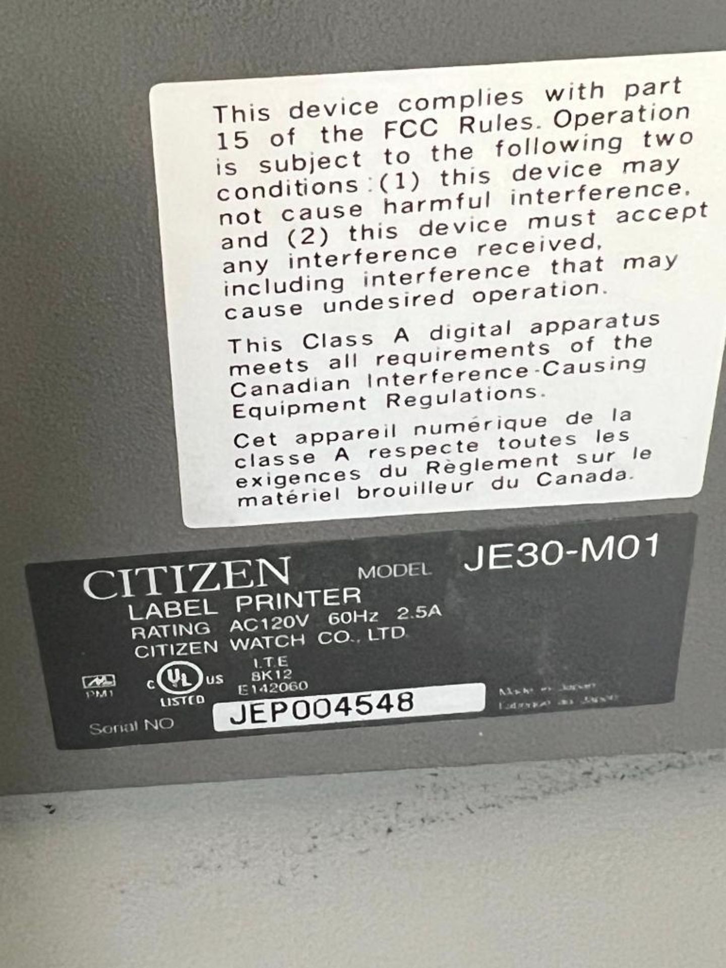 Citizen Label Printer, Model JE30-M01, S/N JEP004548 - Image 3 of 3