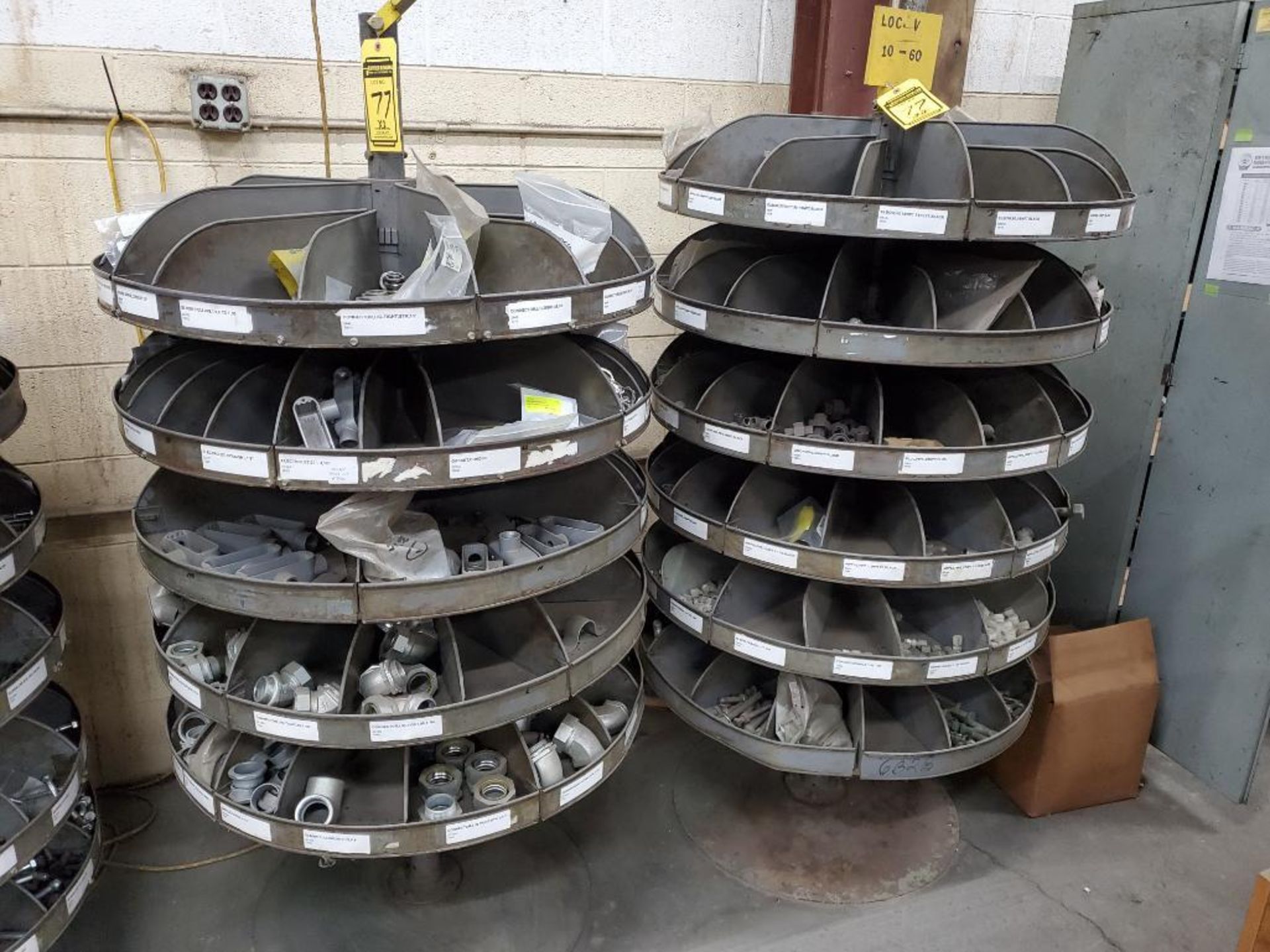 (2) 6-Tier Roto-Bin Parts Carousels w/ Hardware; Bolts, Washers, Nuts, Electrical Conduit Parts, Uni