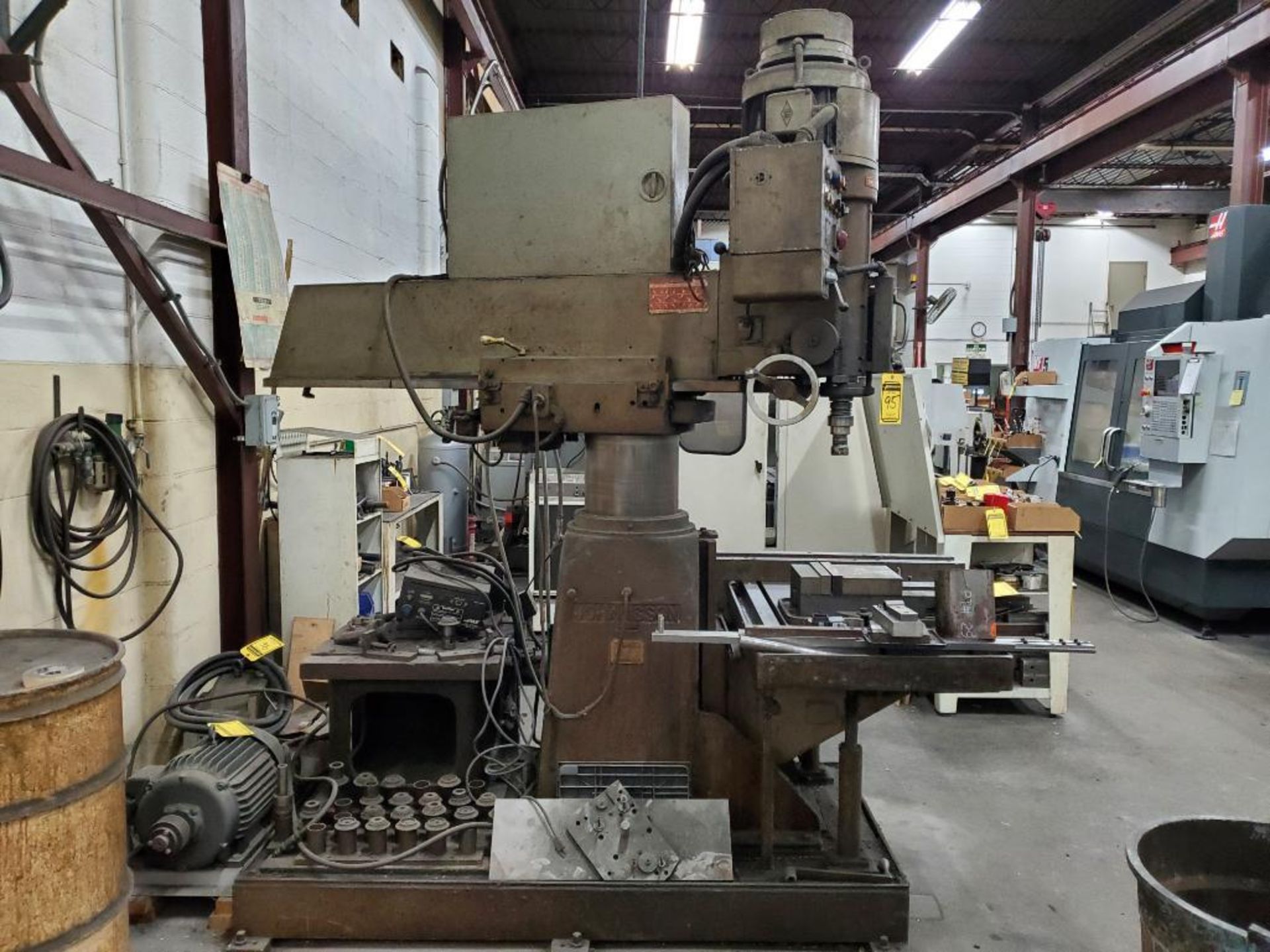 Johansson Radial Arm Drill, 67" Traverse Arm, 45" X 22" Knee Bed Front Table, 24" X 24" X 20" Angle