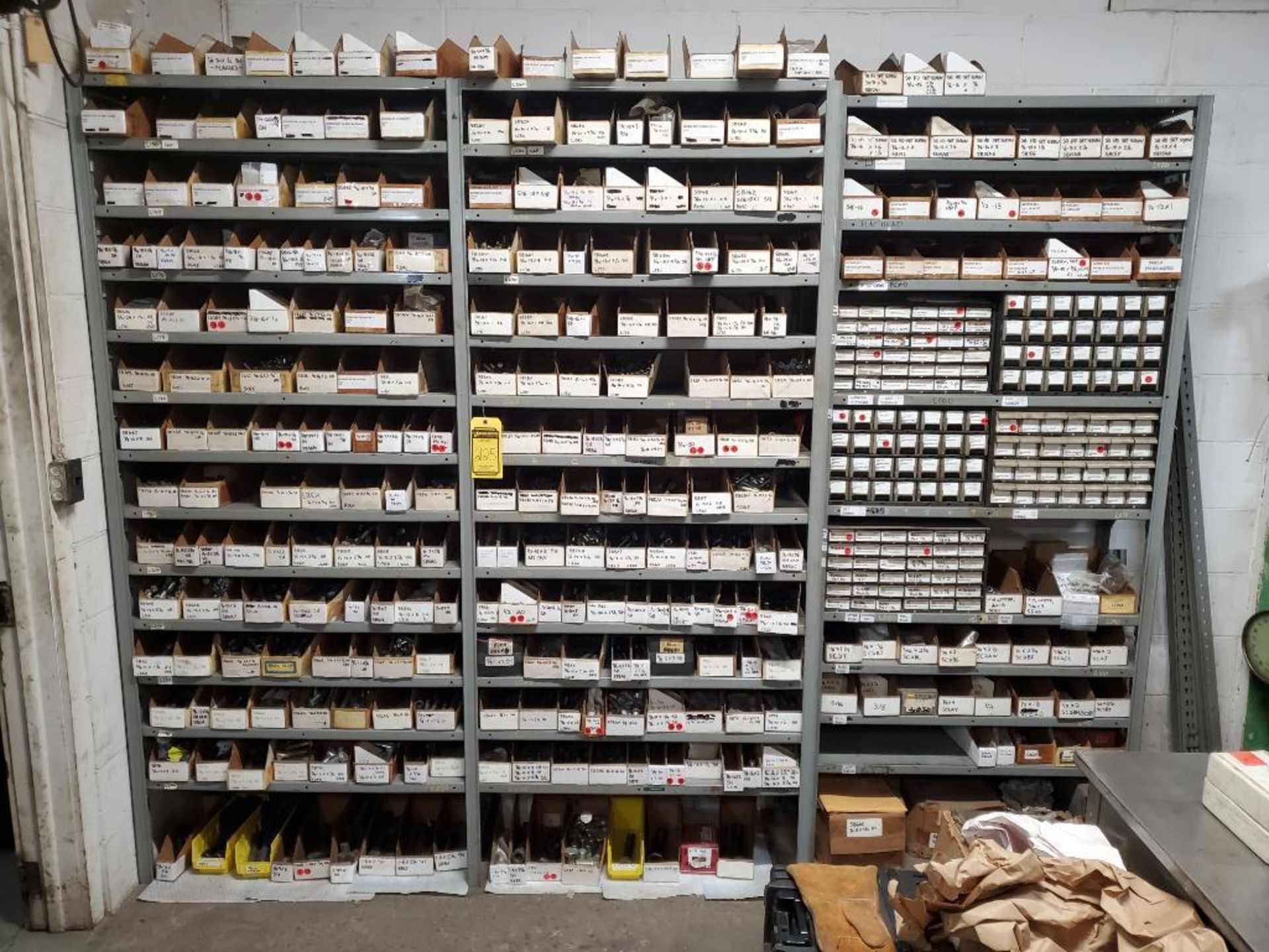 (3) Sections of Metal Shelves w/ Hardware, Nuts, Bolts, Thread Bolts, Hex Type Assorted Heads, Lengt