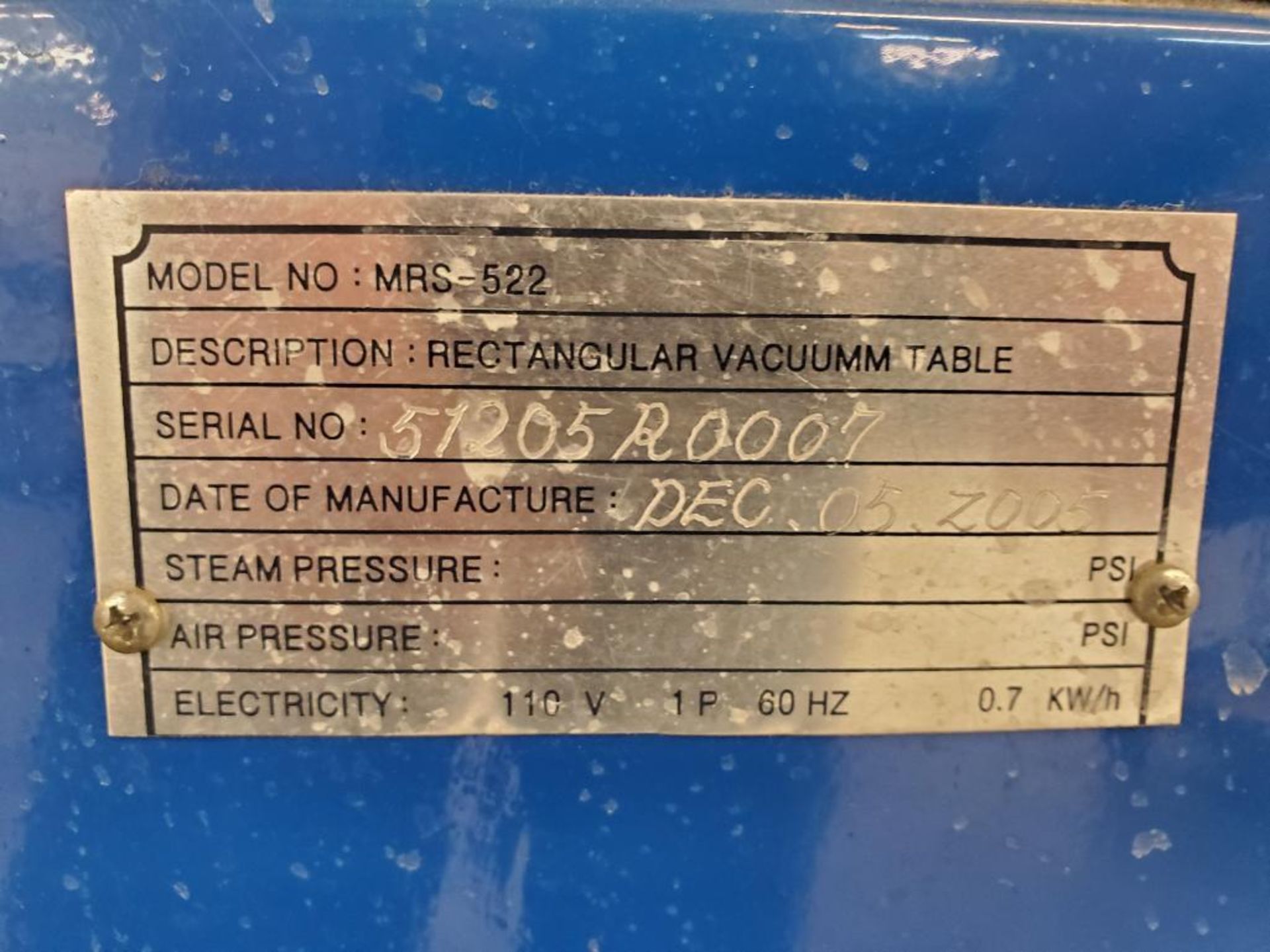 McAllister Rectangular Vacuum Table, Model MRS-522, S/N 51205R0007 ($25 Loading fee will be added to - Image 5 of 8