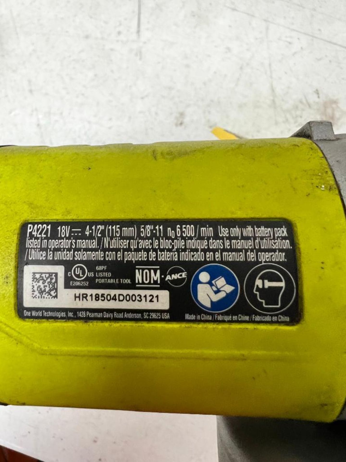 Ryobi 18 Volt Cordless 4-1/2" Angle Grinder, Model P4221, S/N HR18504D003121 (No Battery) - Bild 3 aus 3