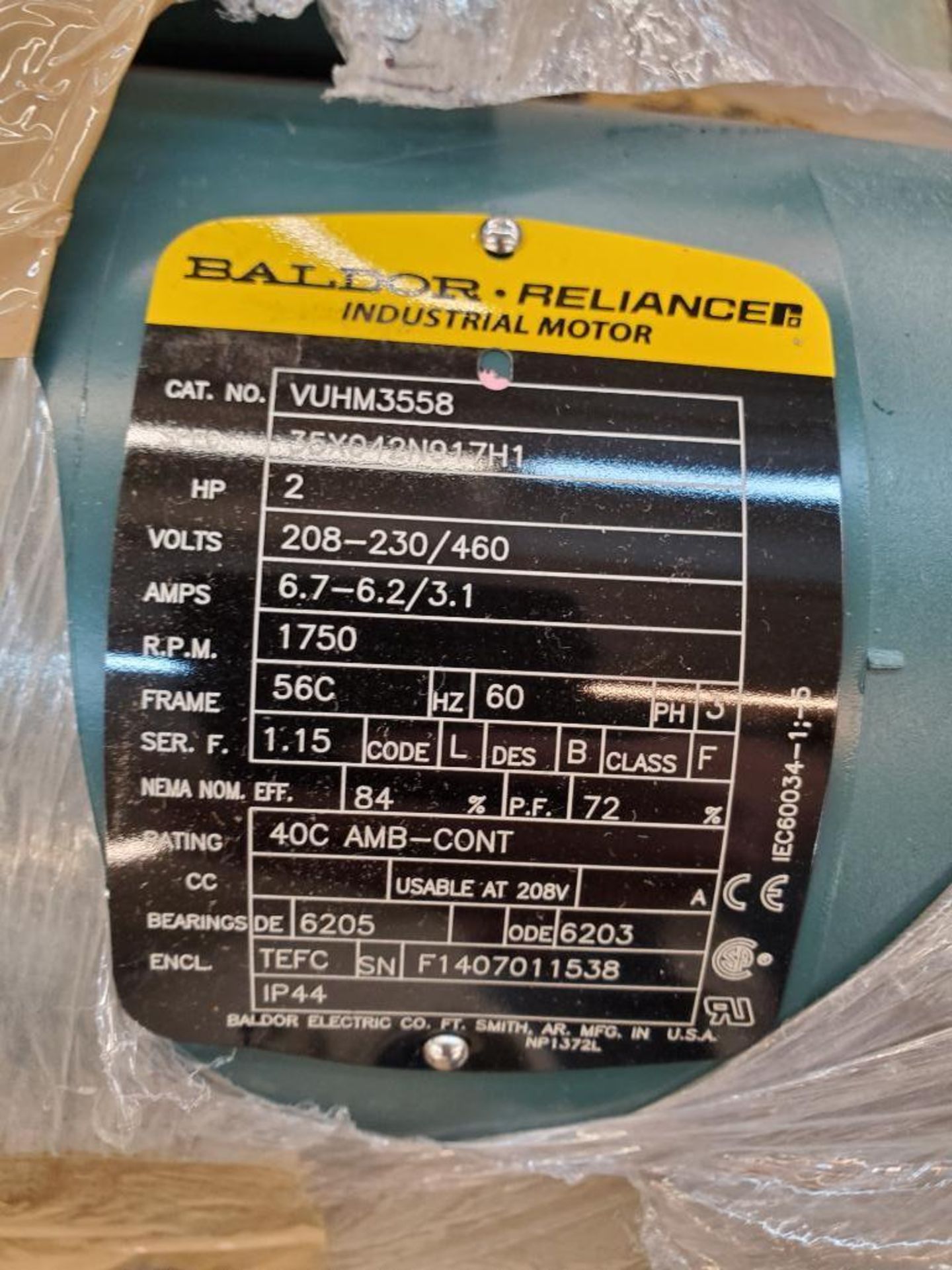 (2x) Motors; (1) Baldor Reliance Industrial Motor, 2 HP, 1750 RPM, 56C Frame, 3 Ph, (1) Baldor Relia - Image 3 of 5